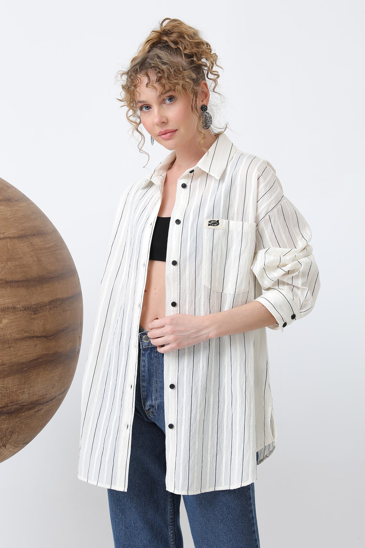 Kadın Çizgili Basic Gömlek -32247GML - BLACK