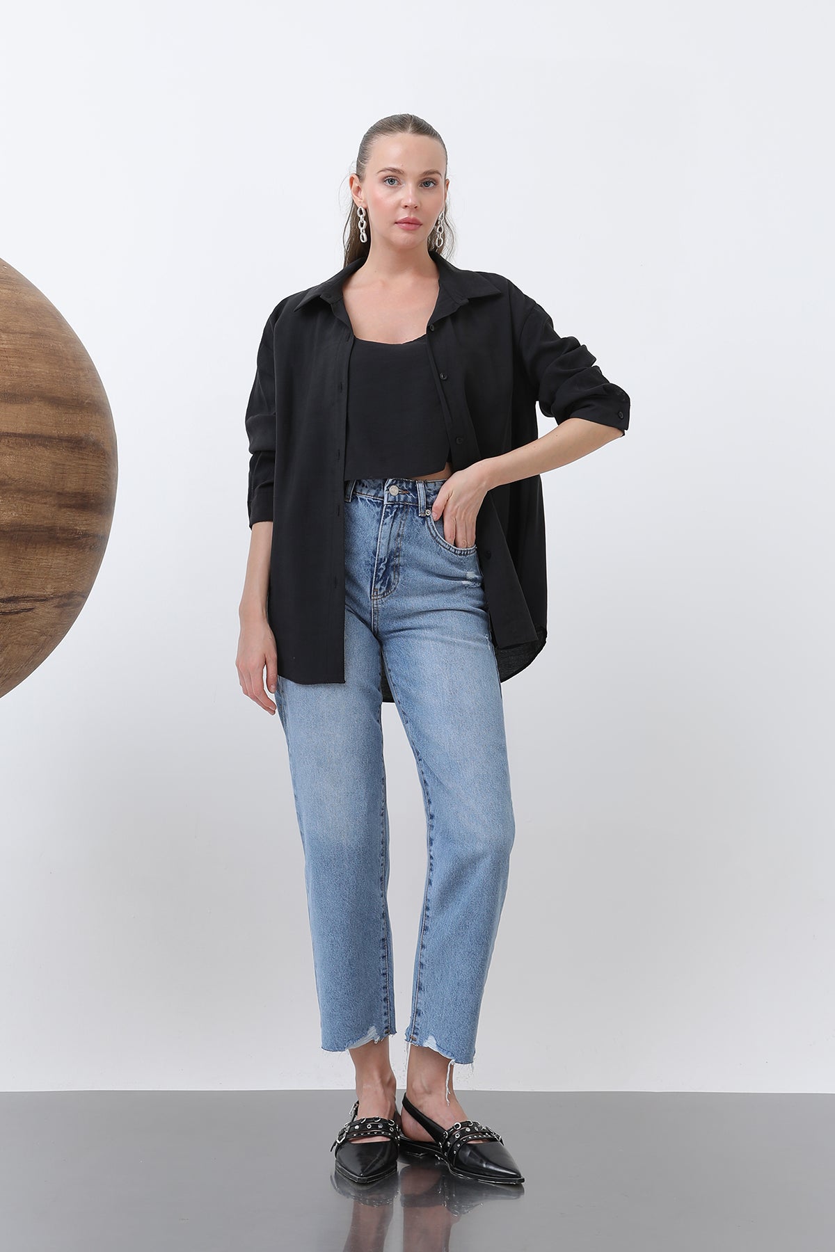 Kadın İçli Dışlı Basic Gömlek -32251GML - BLACK