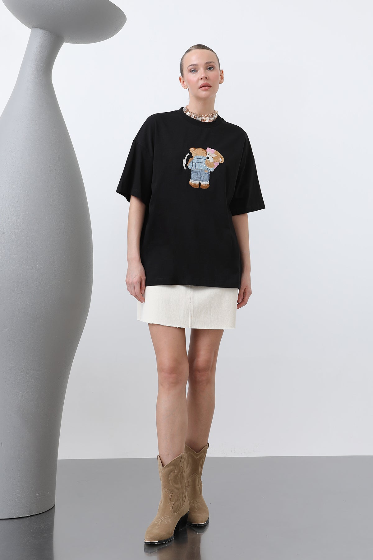 Ayıcık Nakışlı Basic Tshirt -32253TSH - BLACK