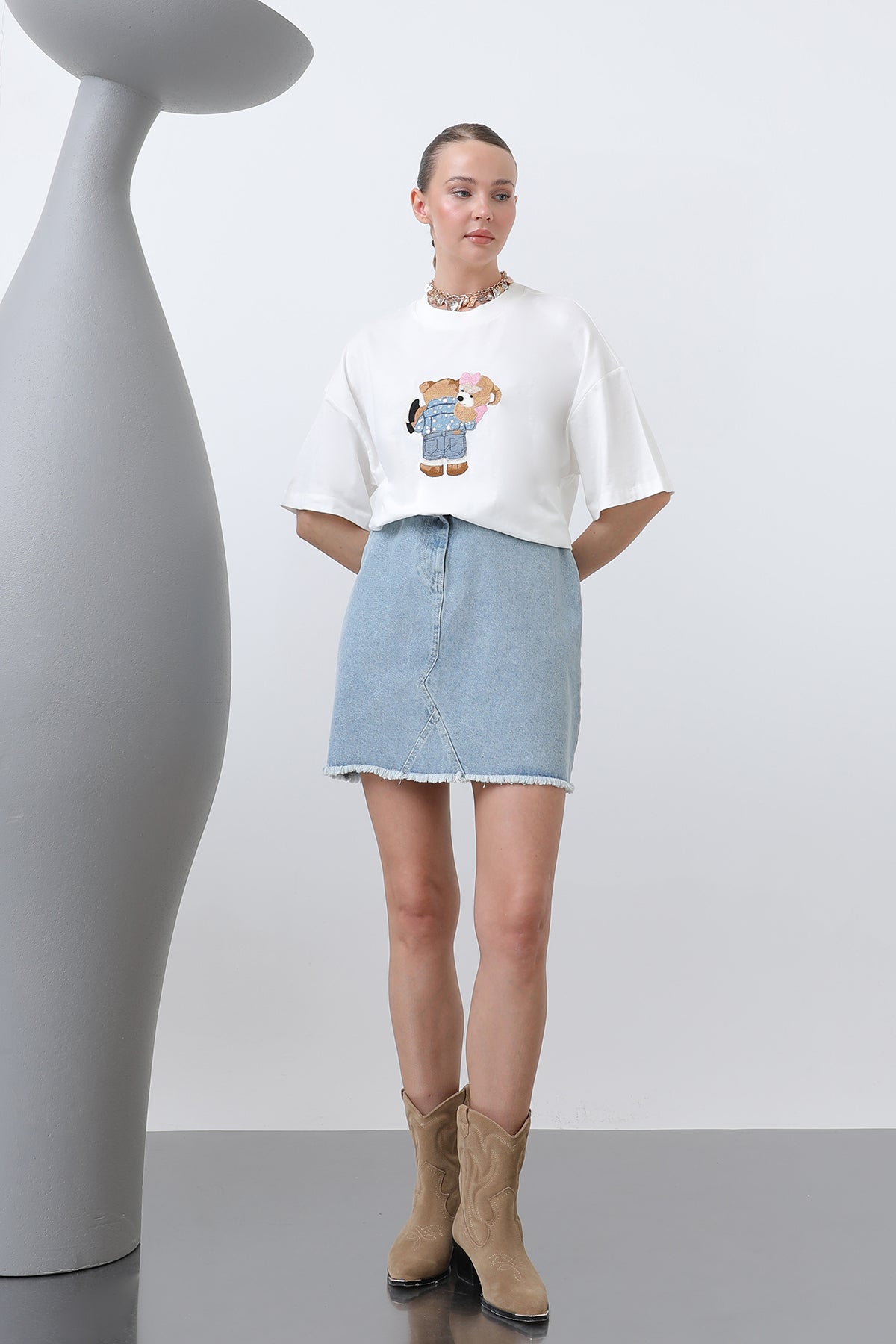 Ayıcık Nakışlı Basic Tshirt -32253TSH - ECRU