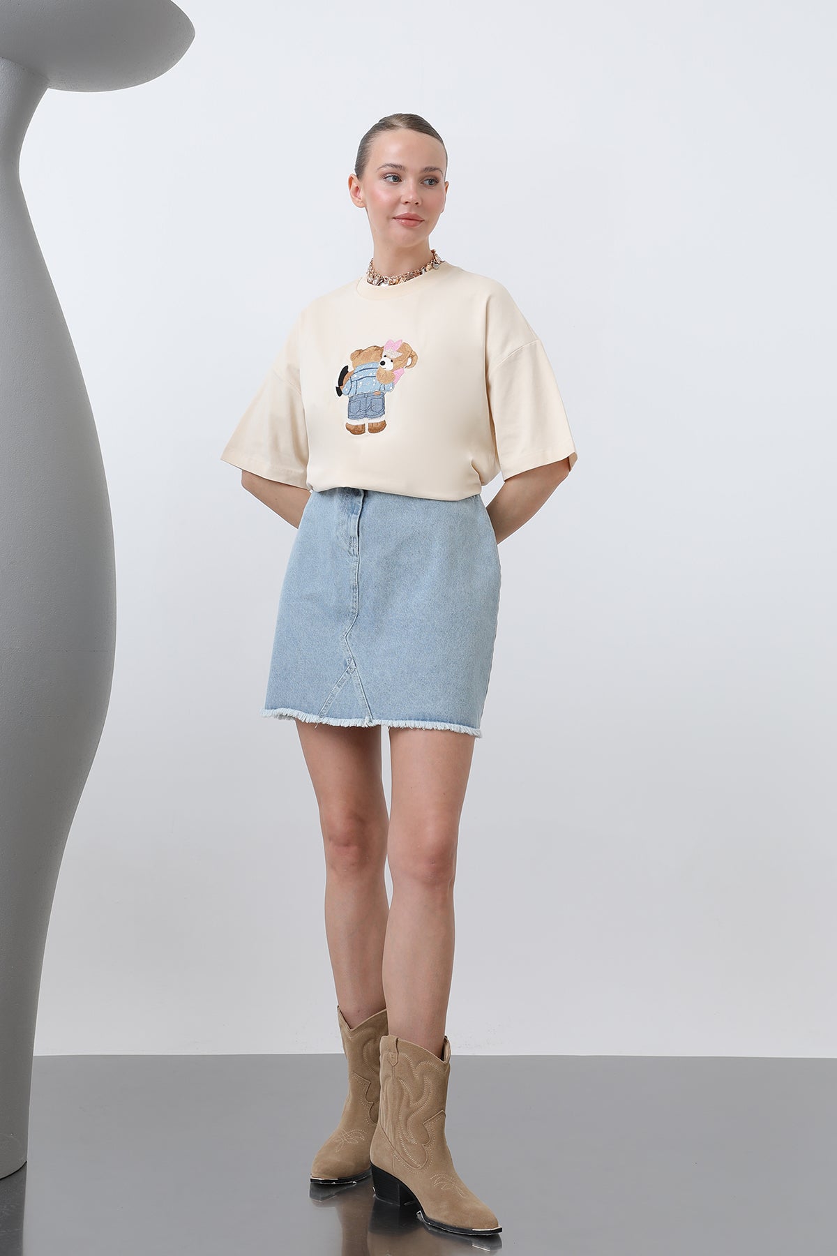 Ayıcık Nakışlı Basic Tshirt -32253TSH - BEIGE