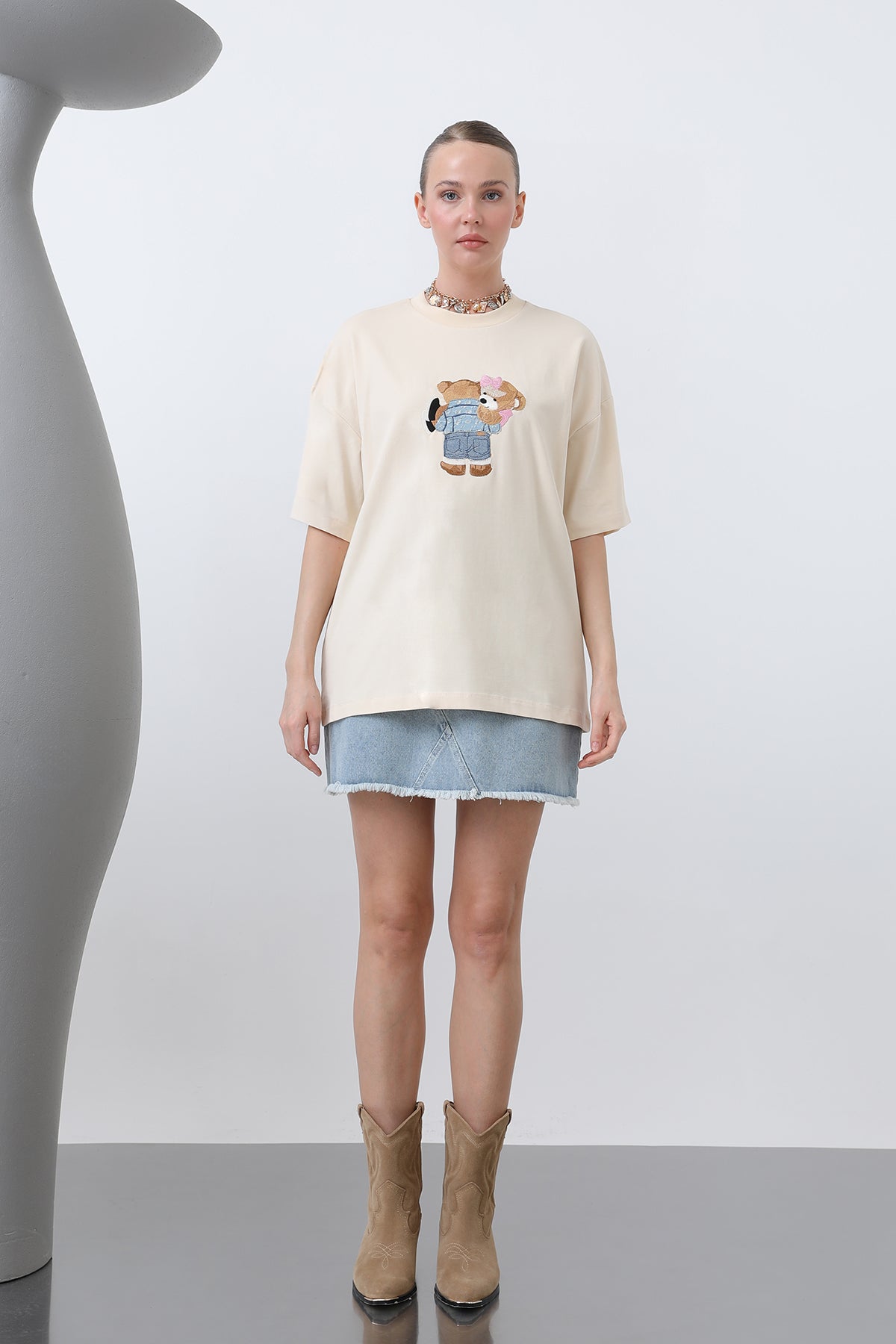 Ayıcık Nakışlı Basic Tshirt -32253TSH