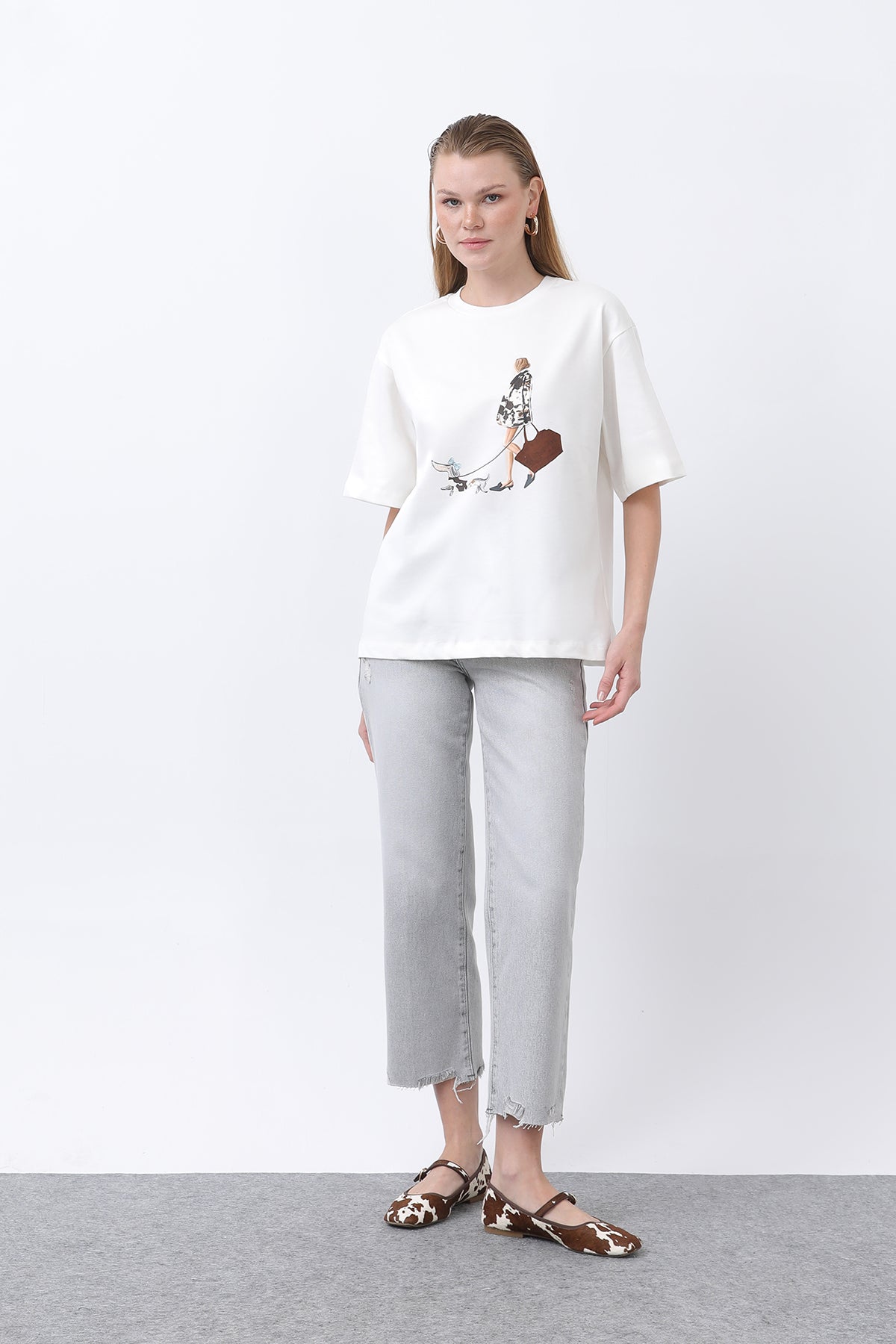 Kadın Kız Baskılı Basic Tshirt -32254TSH - ECRU