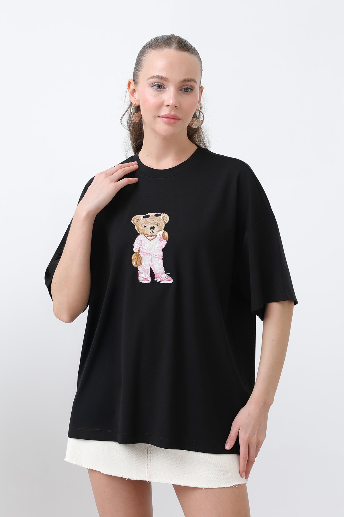 Kadın Ayıcık Nakışlı Basic Tshirt -32256TSH