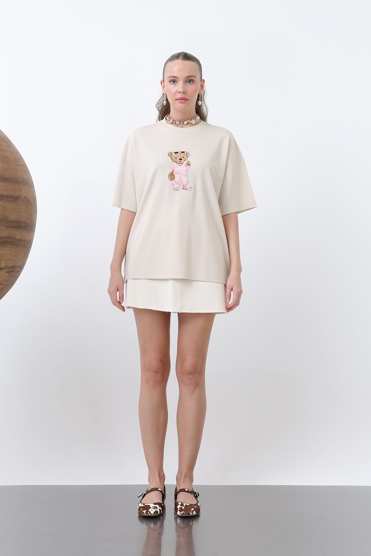 Kadın Ayıcık Nakışlı Basic Tshirt -32256TSH