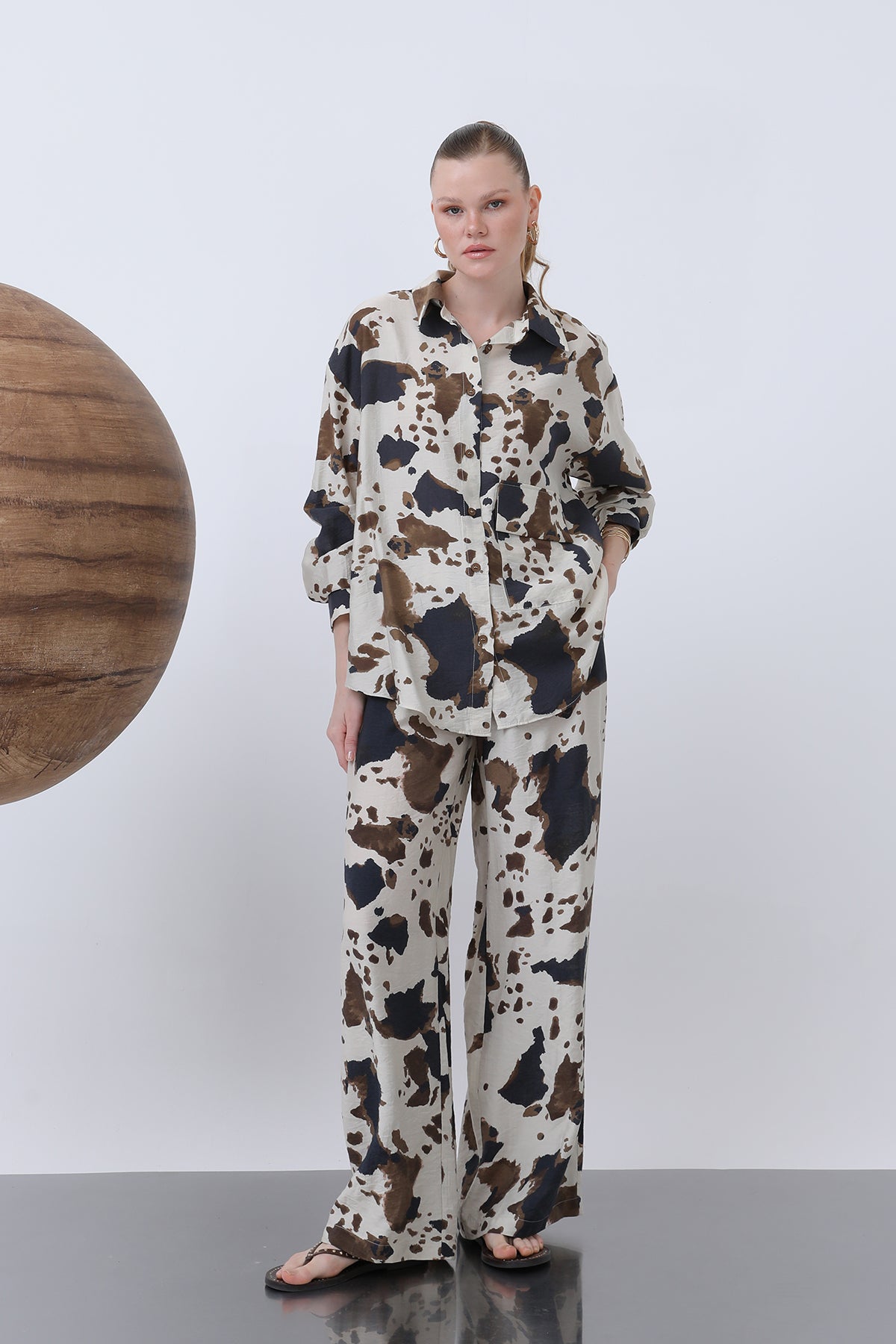 Kadın Desenli Cepli Gömlek -32261GML - BEIGE-BROWN