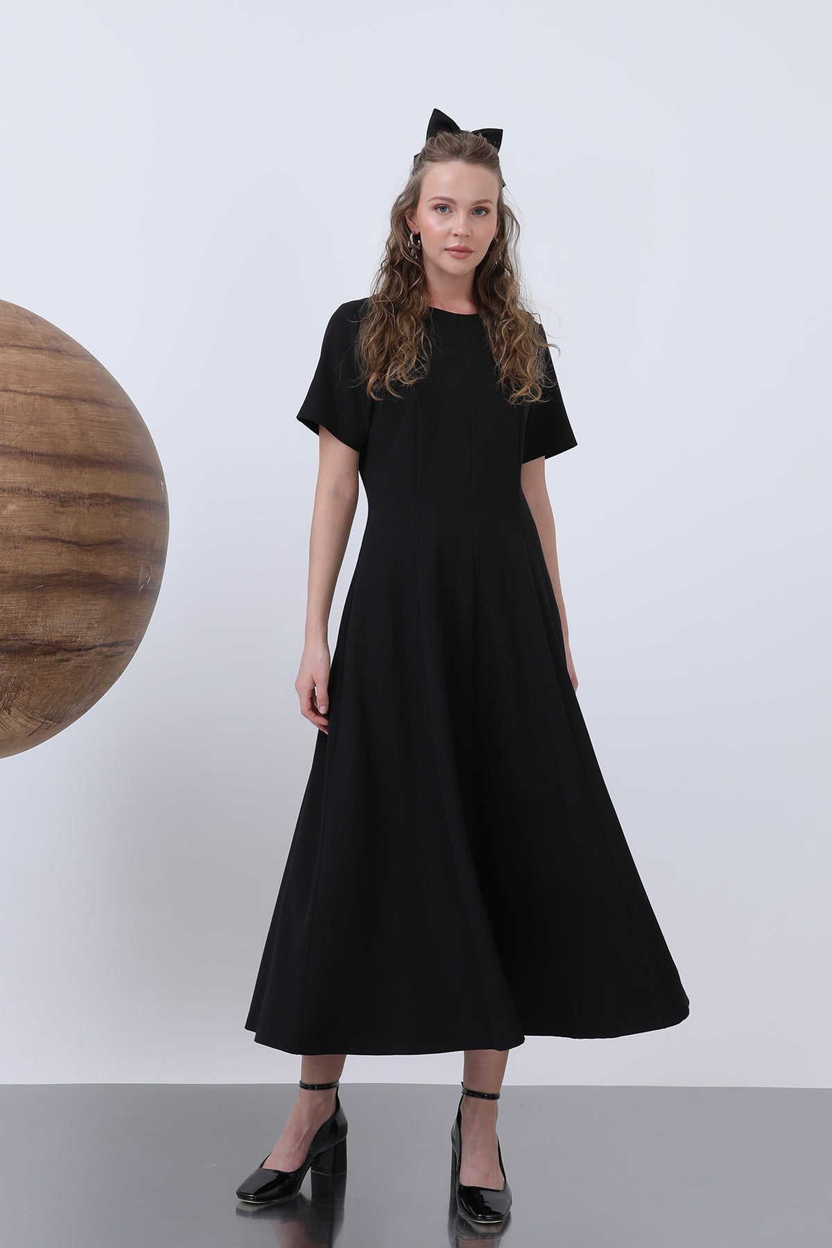 Kadın Kısa Kollu Midi Elbise -32266ELB - BLACK