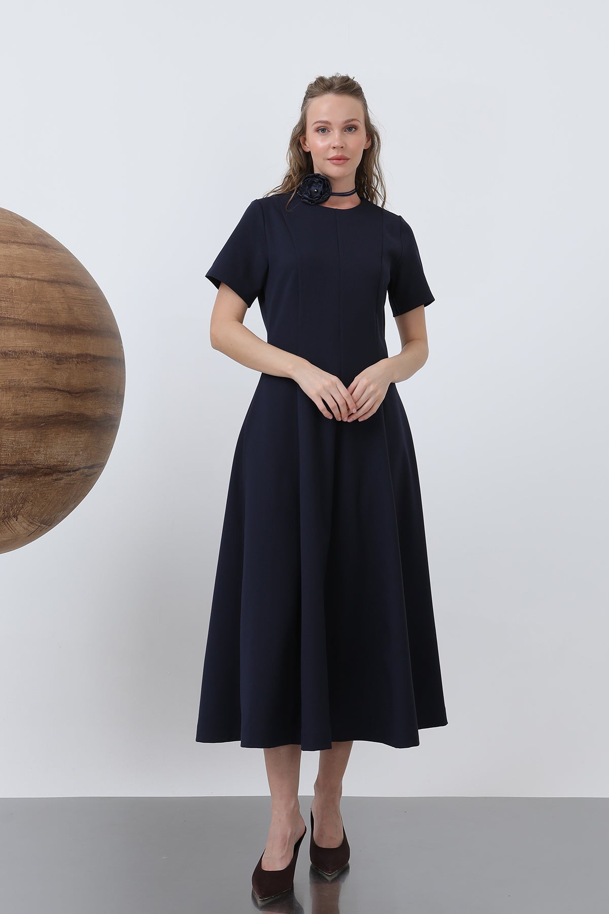 Kadın Kısa Kollu Midi Elbise -32266ELB - NAVY