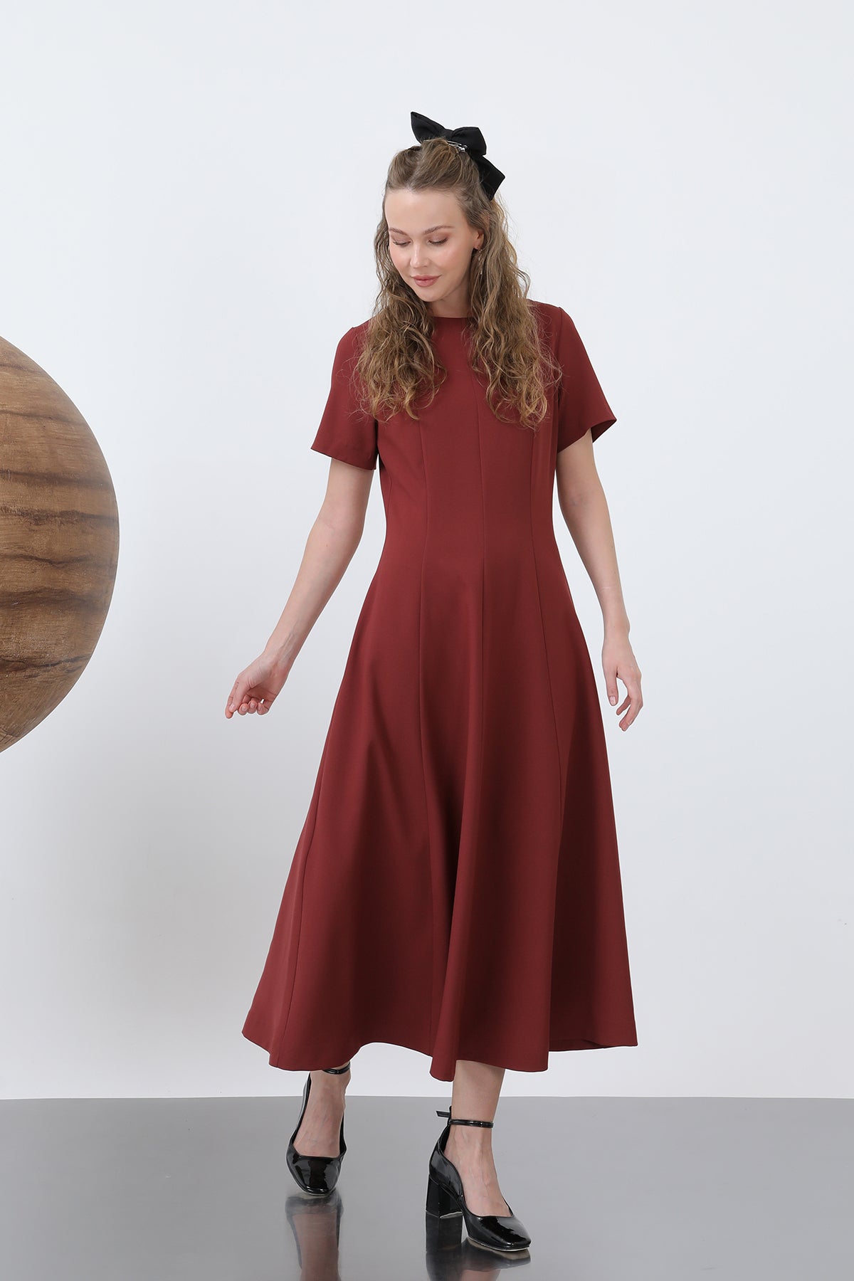 Kadın Kısa Kollu Midi Elbise -32266ELB - BURGUNDY