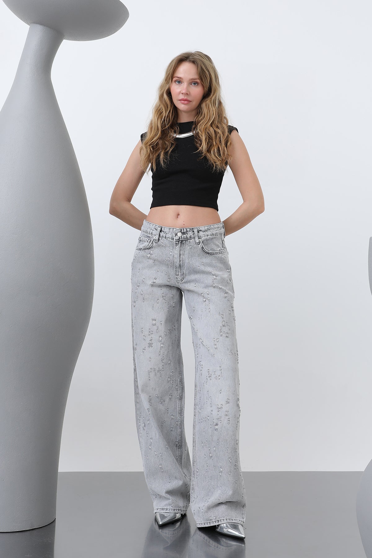 Kadın Basic Bol Denim Pantolon -32277PNT - GREY