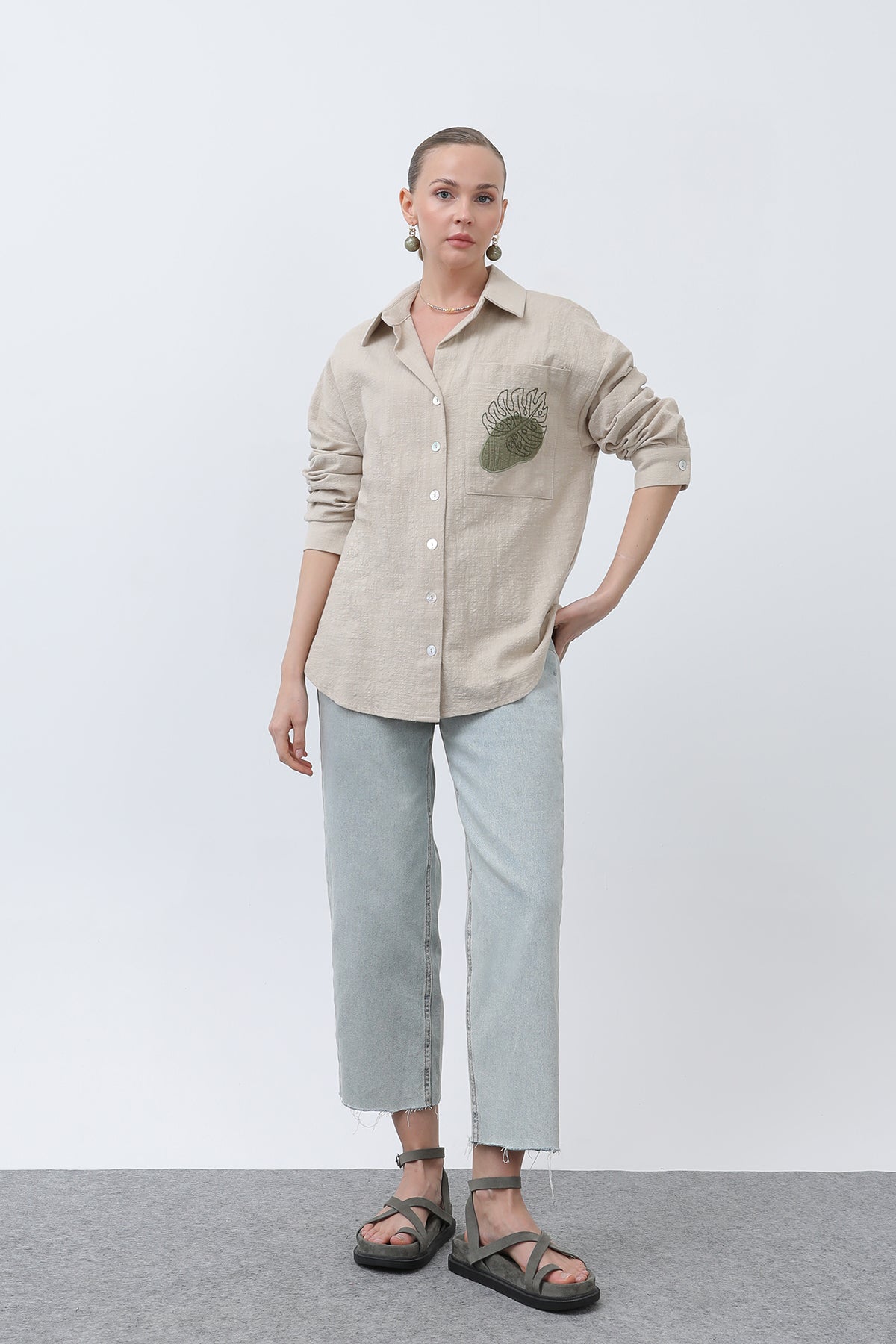 Kadın Cep Nakışlı Gömlek -32283GML - BEIGE