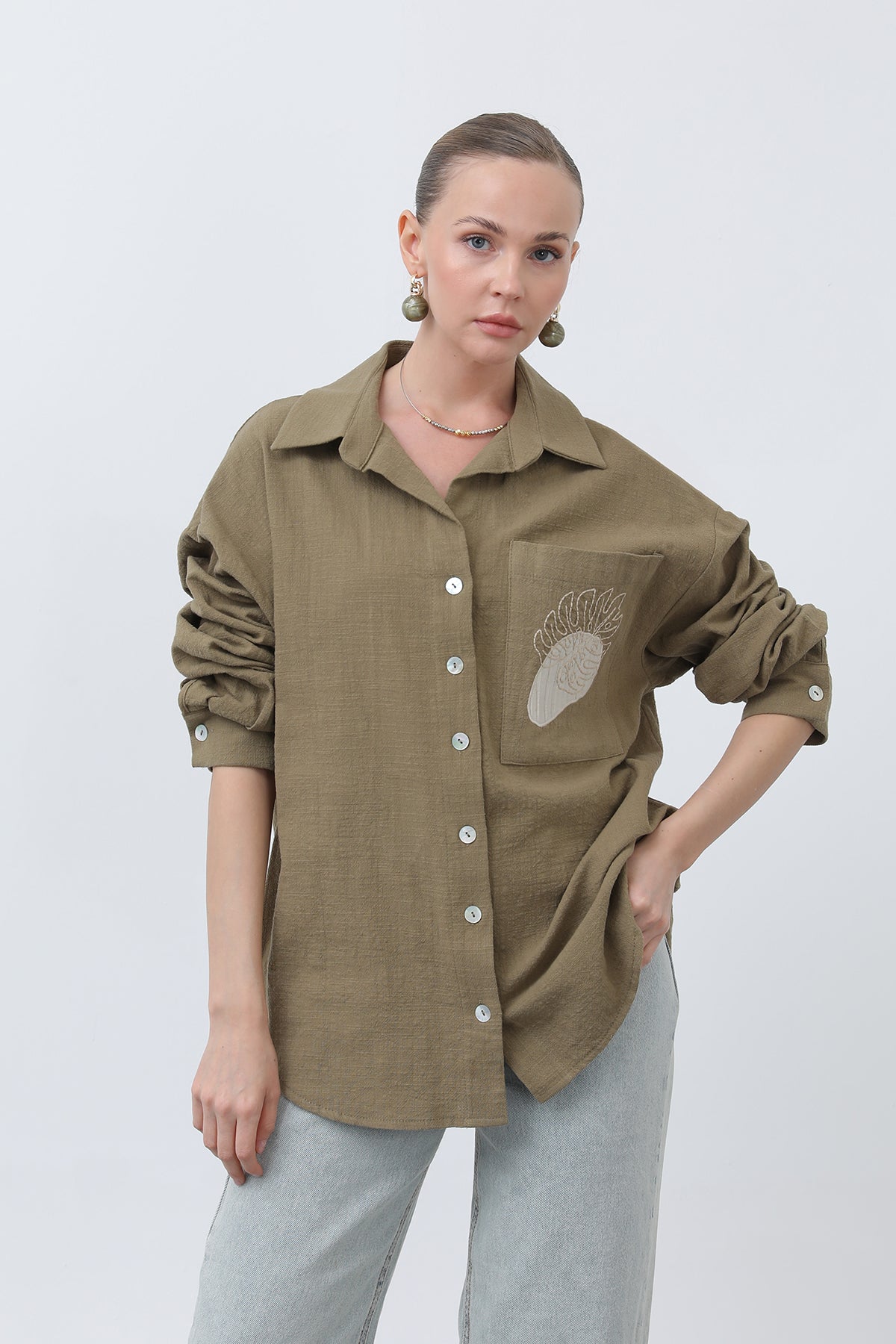 Kadın Cep Nakışlı Gömlek -32283GML - KHAKI