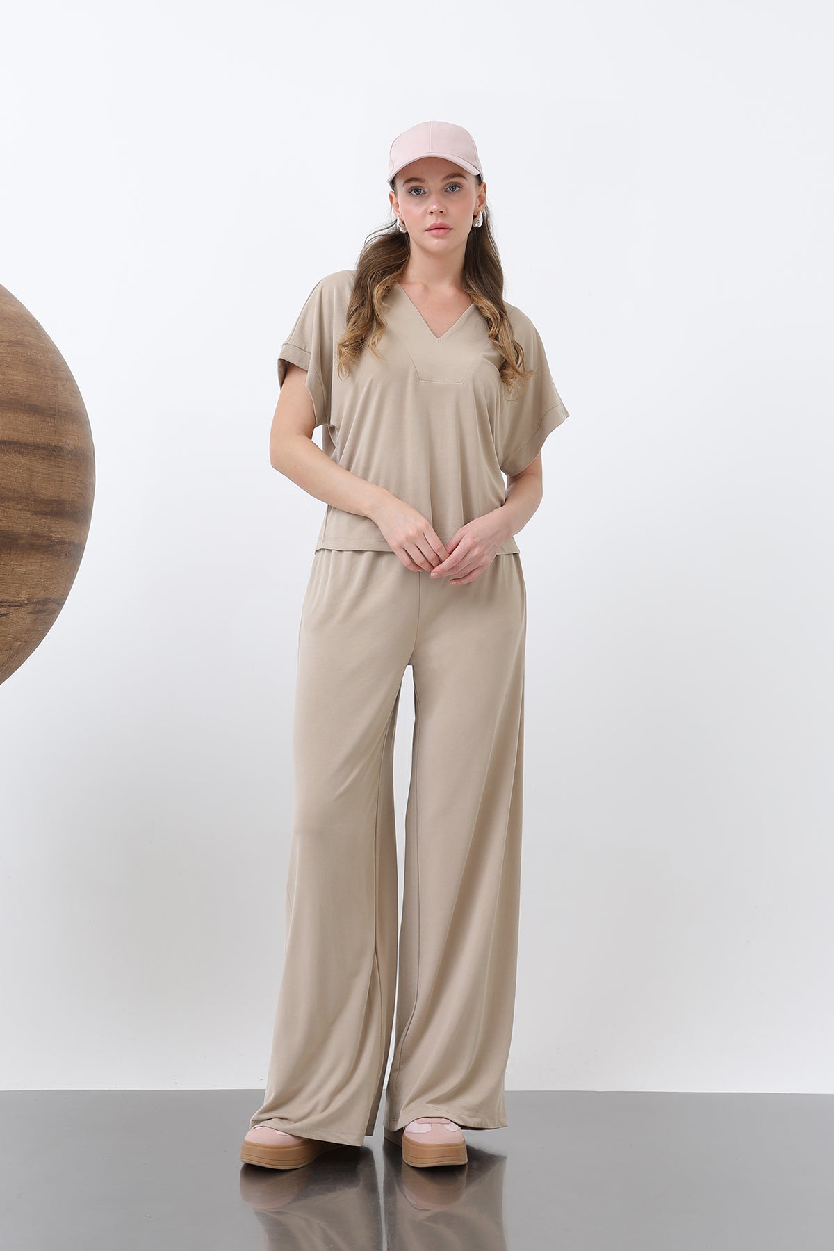 Kadın V Yakalı İkili Takım -32298TKM - BEIGE