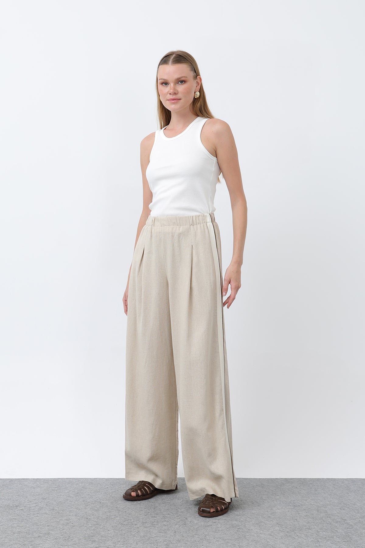 Kadın Yanları Grogrenli Belden Lastikli Pantolon -32302PNT - BEIGE-BROWN