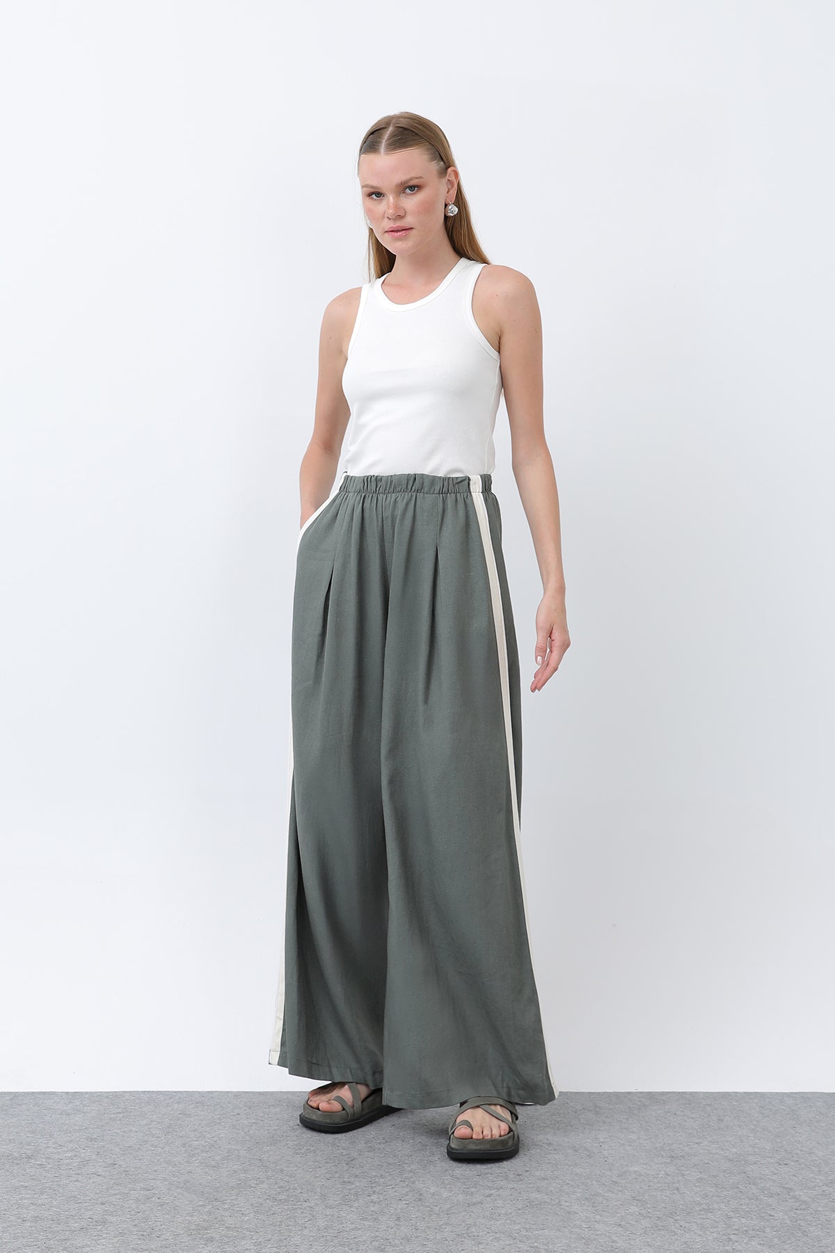 Kadın Yanları Grogrenli Belden Lastikli Pantolon -32302PNT - KHAKI-ECRU