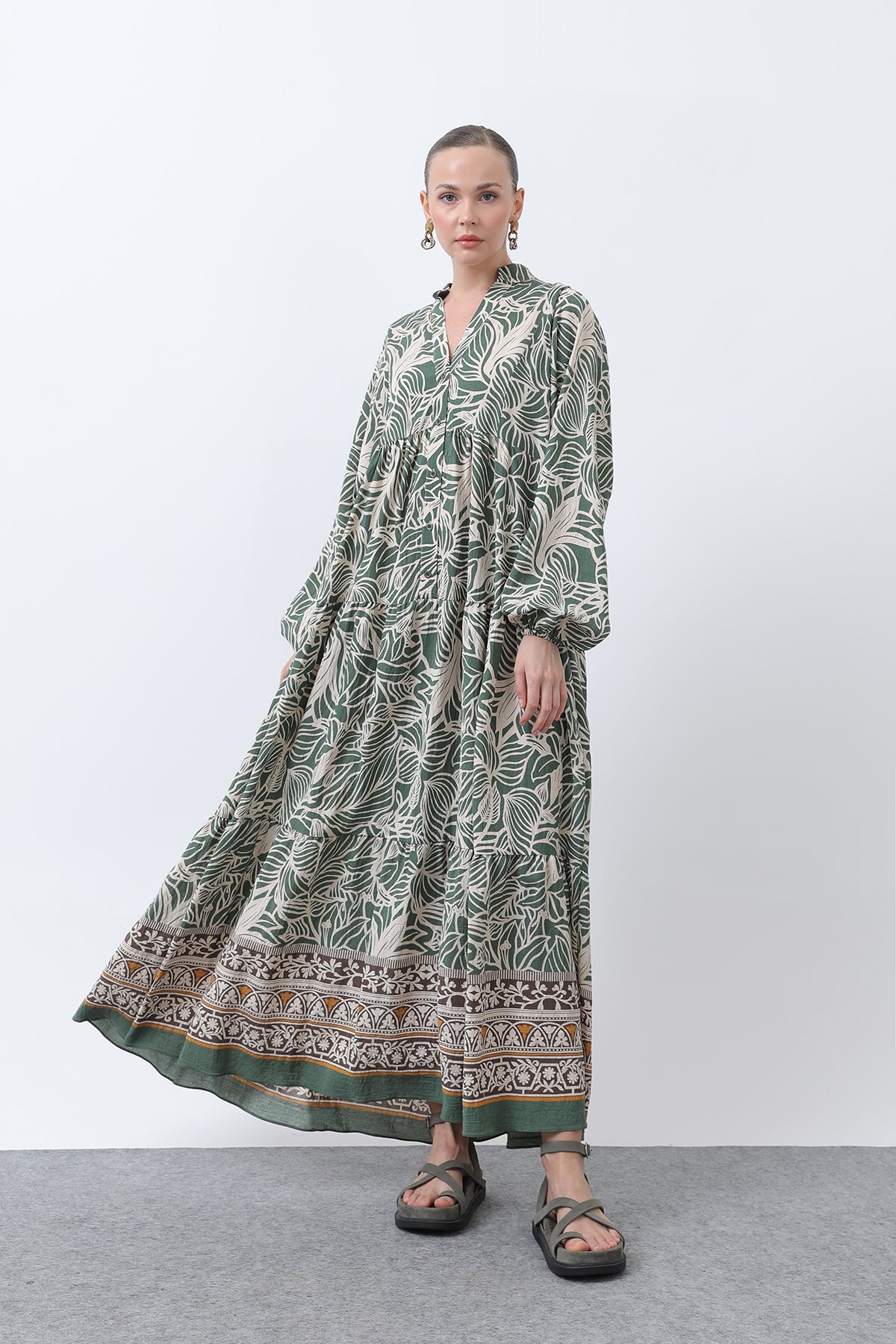 Kadın Desenli Elbise - 32311ELB - KHAKI
