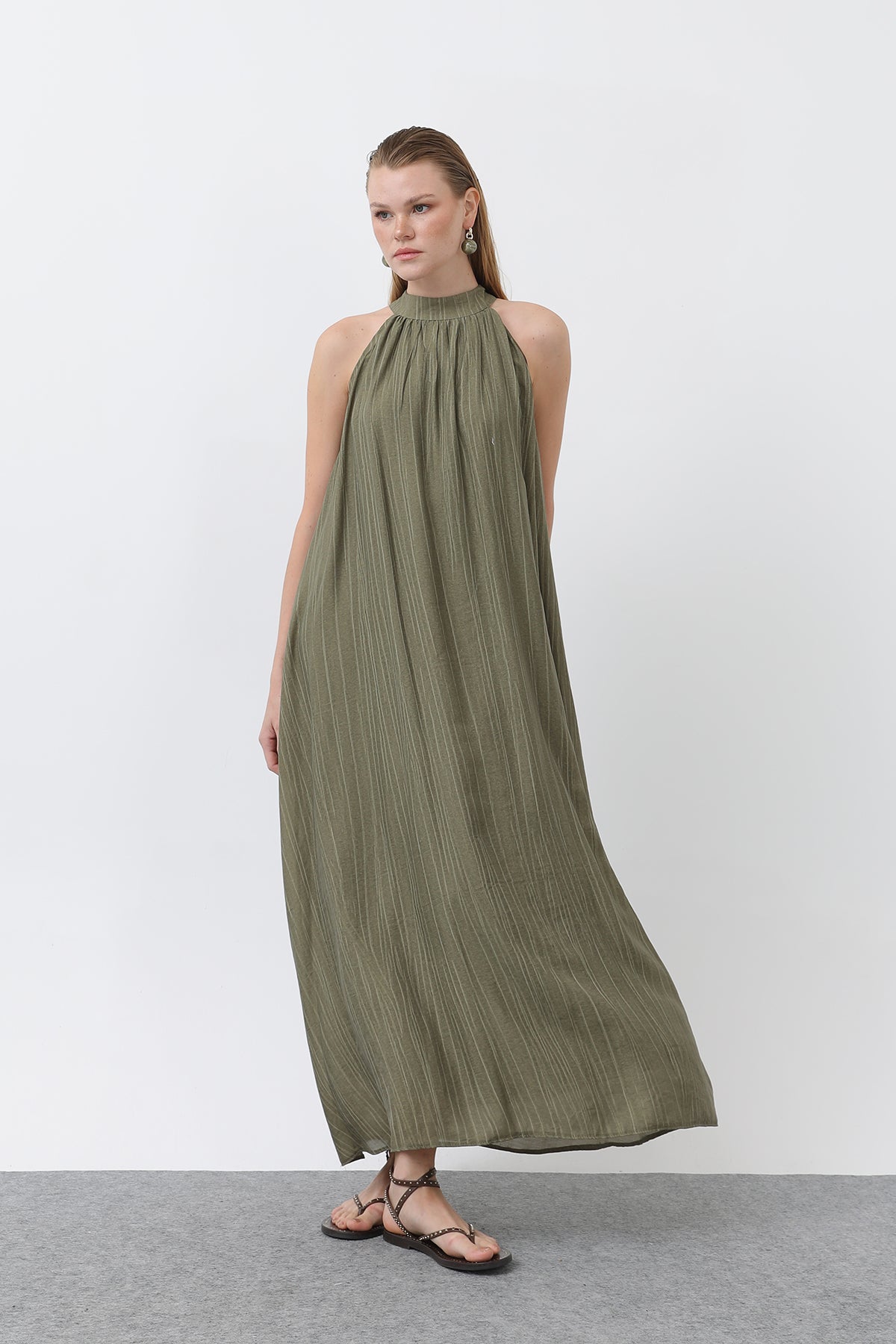 Kadın Halter Yaka Elbise - 32322ELB - KHAKI