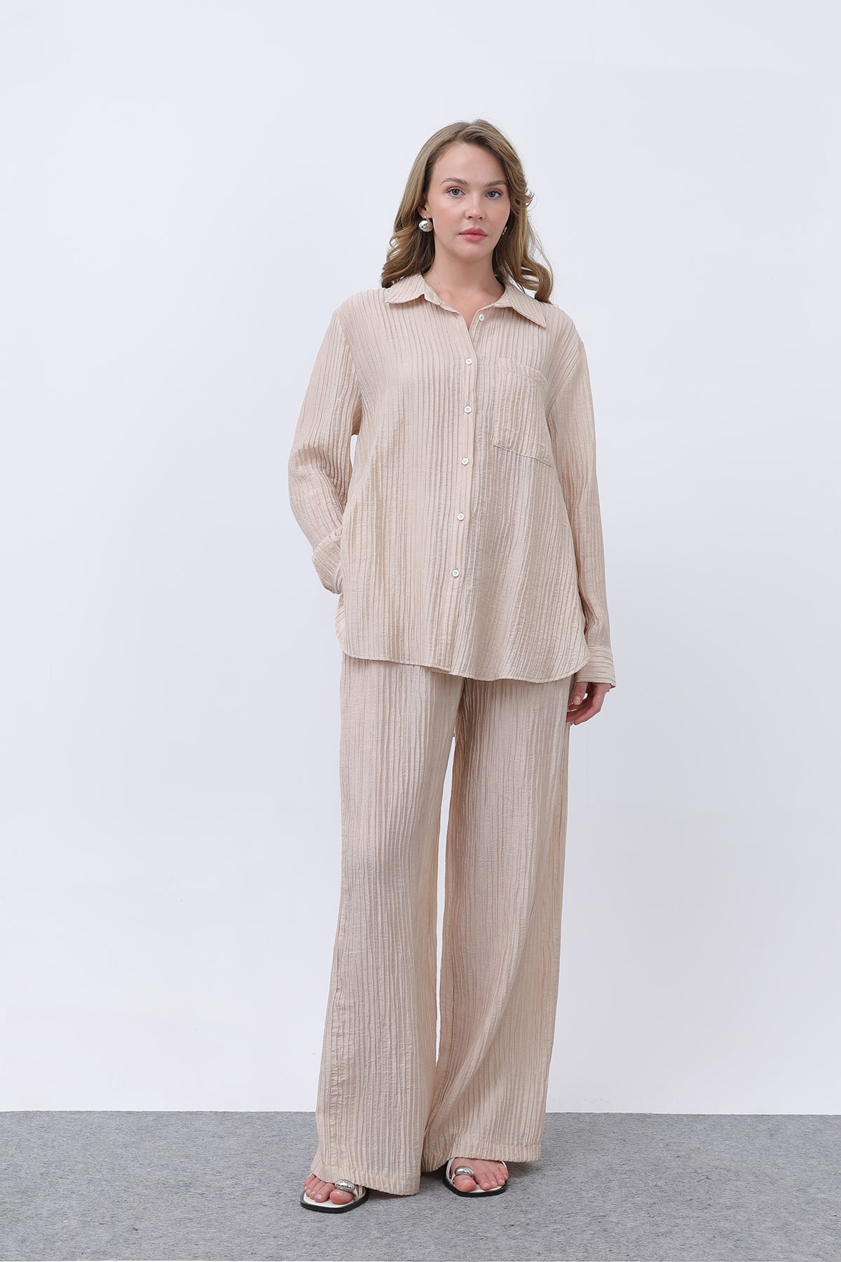 Kadın Beli Kemerli Takım - 32336TKS - BEIGE