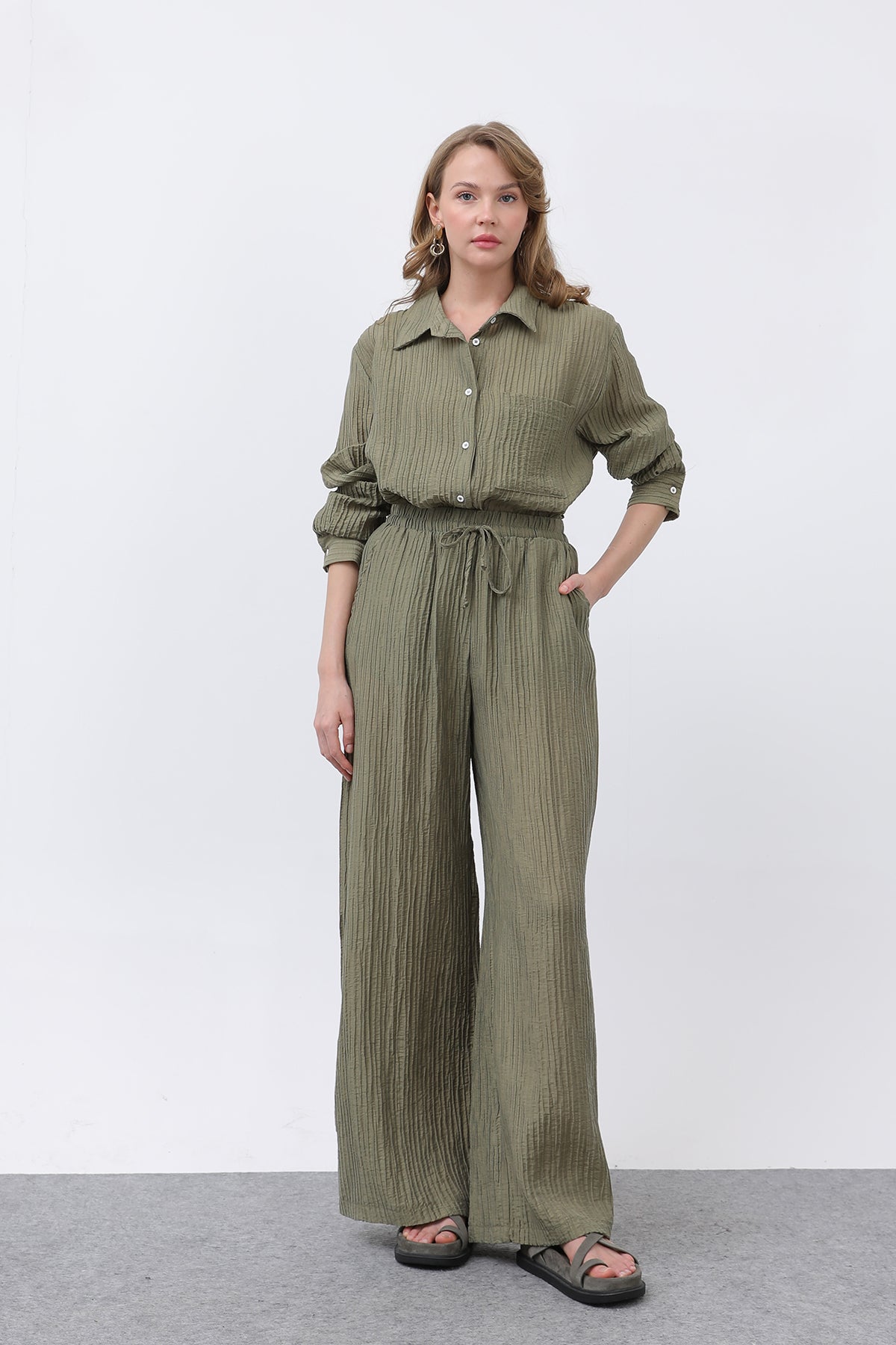 Kadın Beli Kemerli Takım - 32336TKS - KHAKI