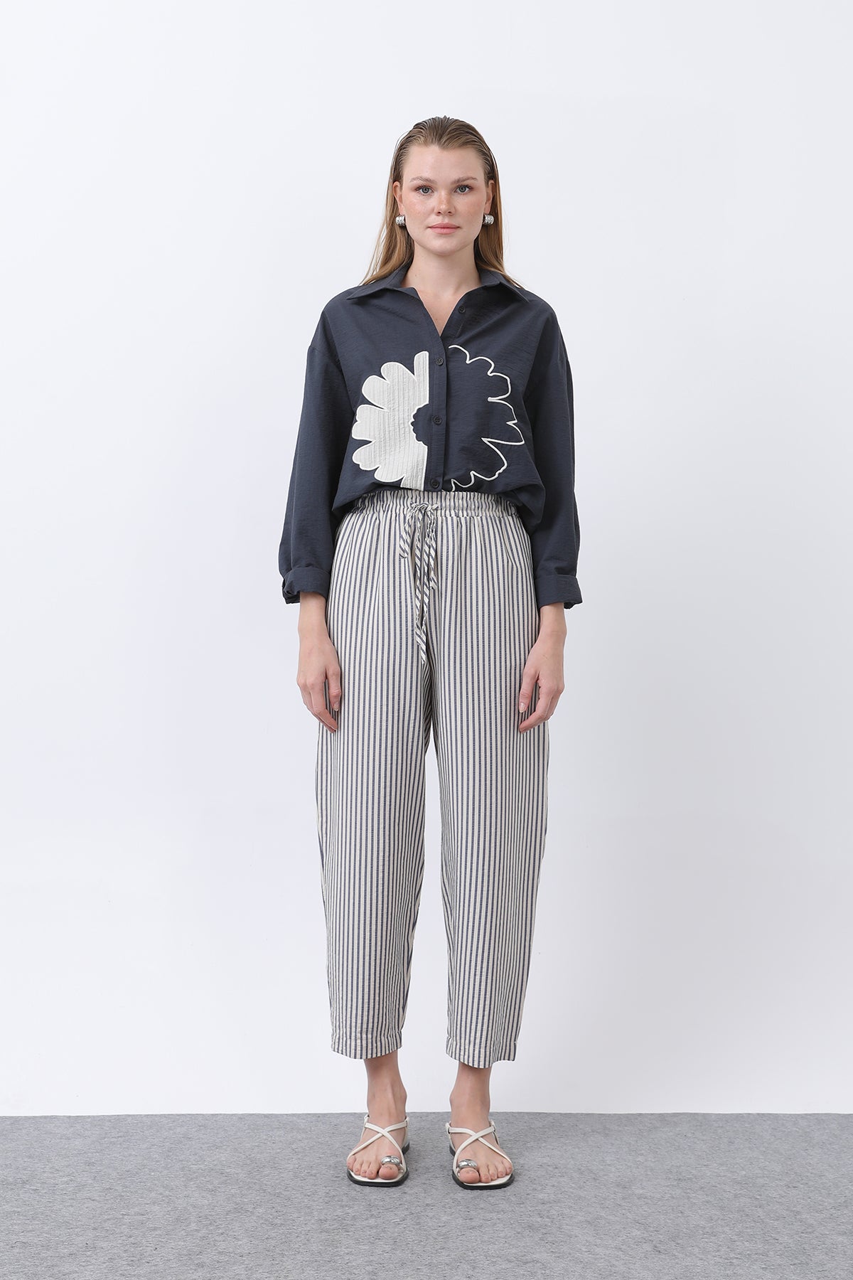 Kadın Çizgili Havuç Form Pantolon -32344PNT