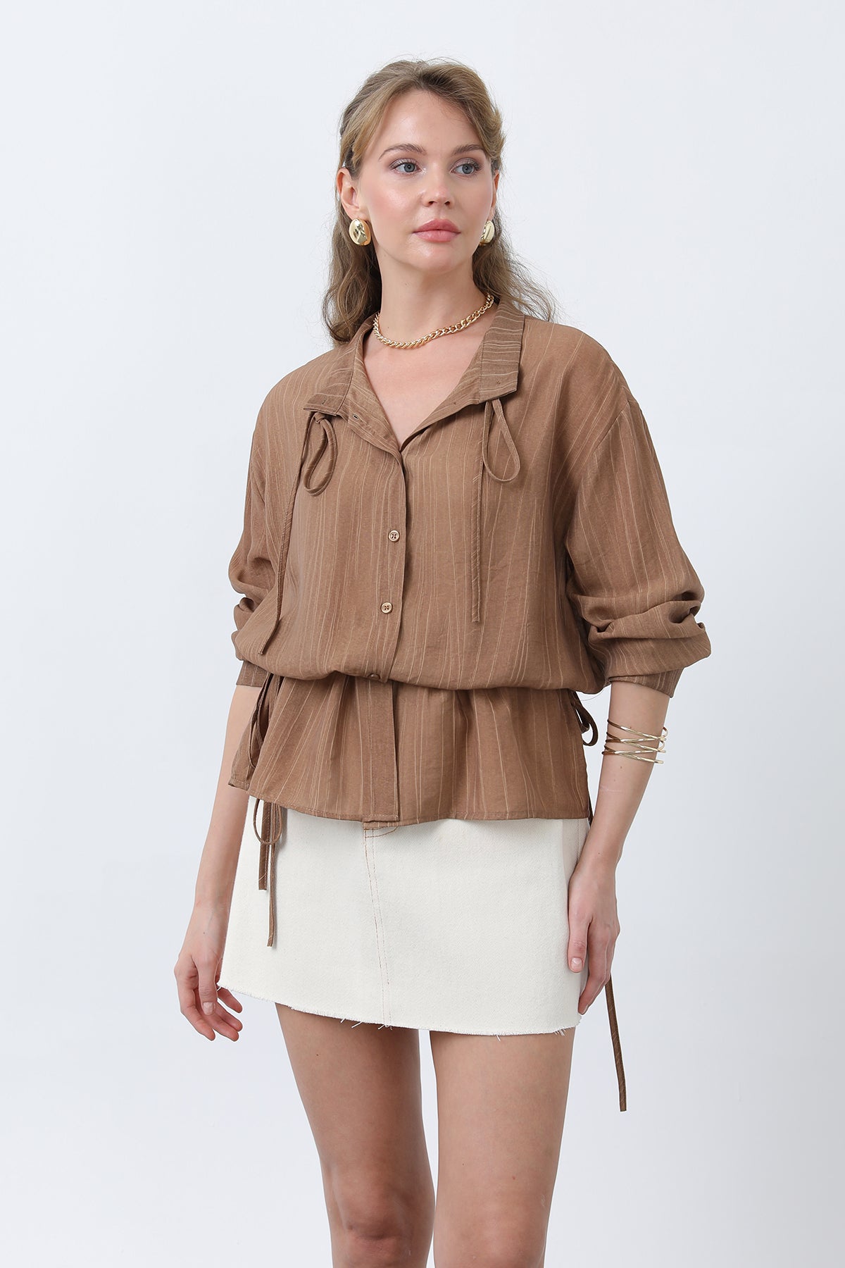 Kadın Bel Büzgü Detaylı Gömlek -32358GML - BROWN