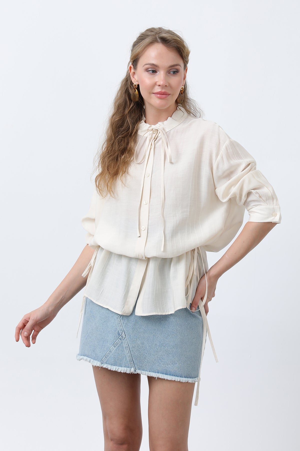 Kadın Bel Büzgü Detaylı Gömlek -32358GML - BEIGE