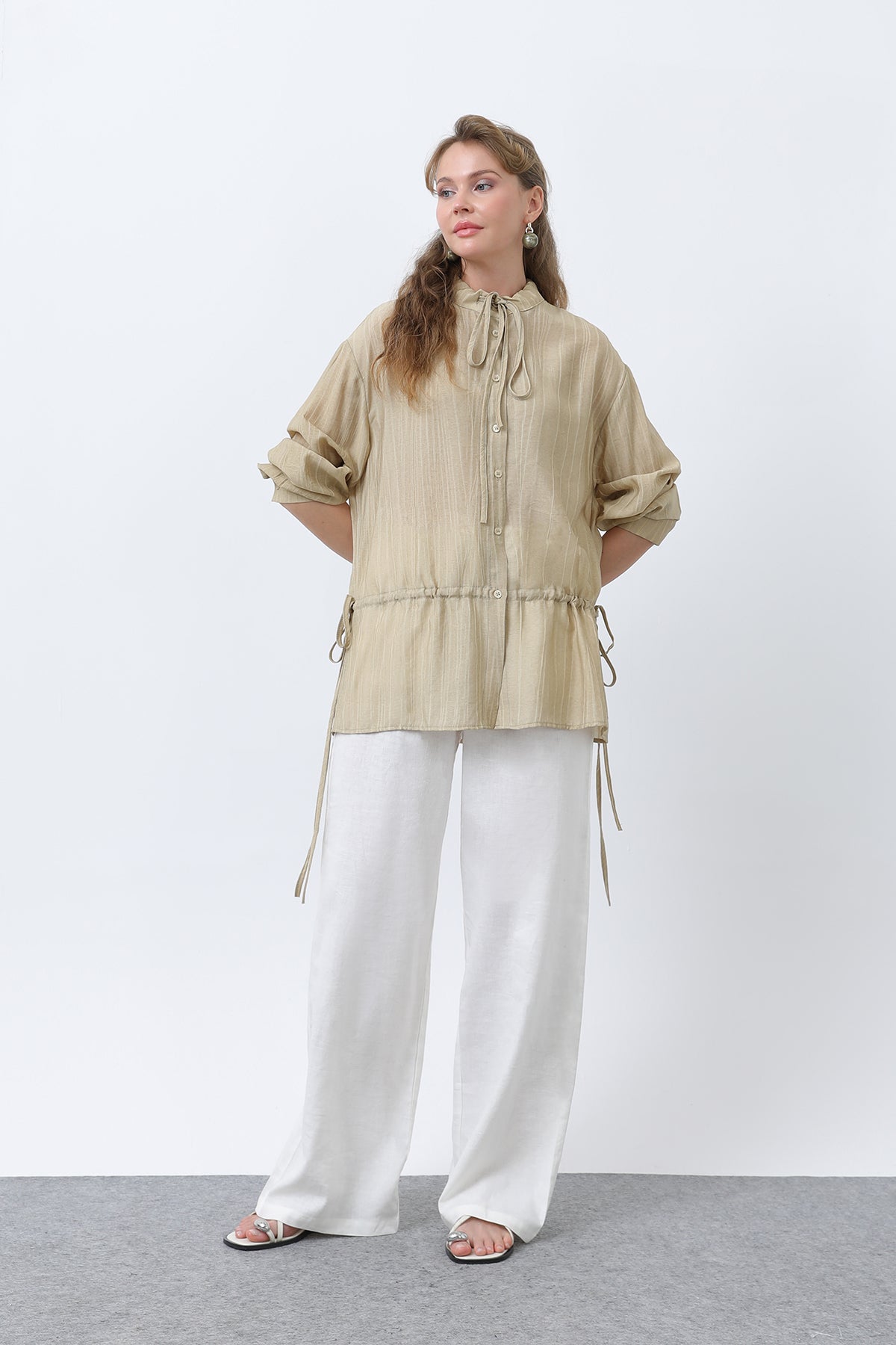 Kadın Bel Büzgü Detaylı Gömlek -32358GML - OLIVE