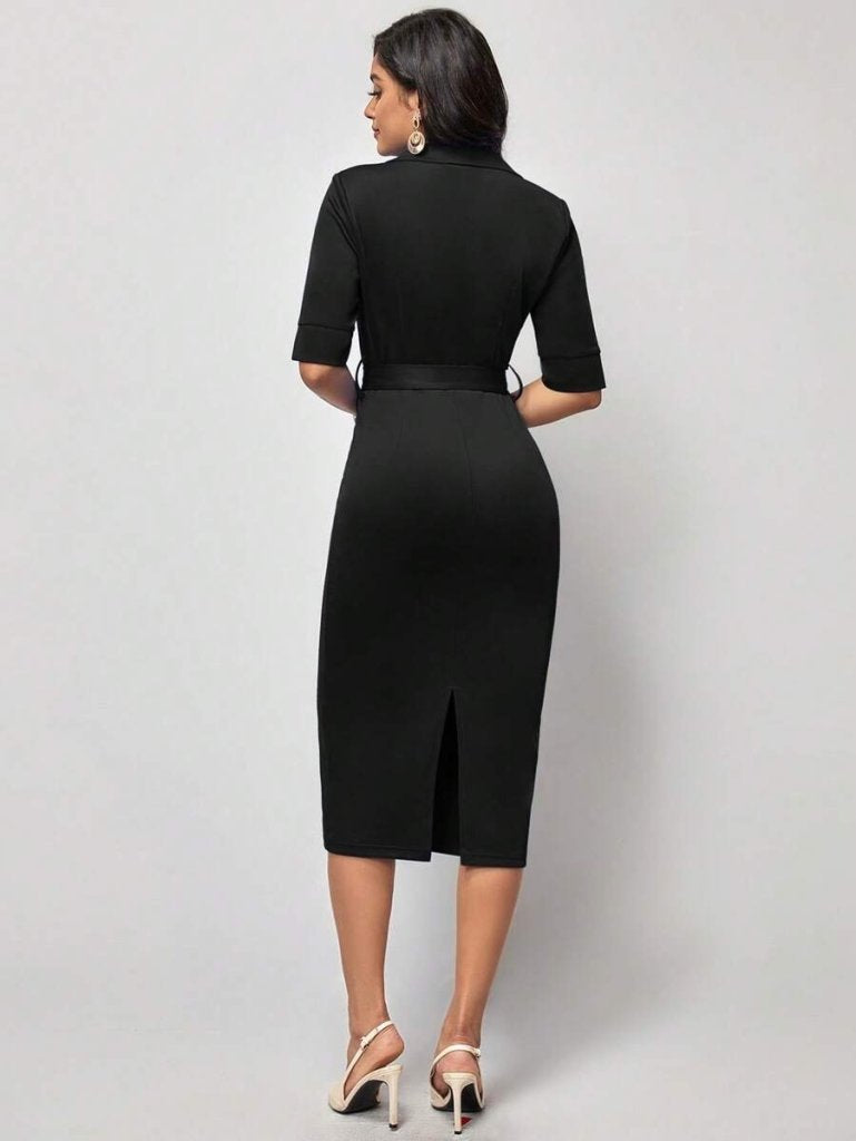 Women's Short-Sleeved, Collared, Wrap-Around, Belted Midi Modal Dress, 26054