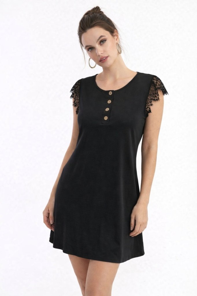 Women's Short Lace Sleeve Button-Front Viscose Dress, 32231