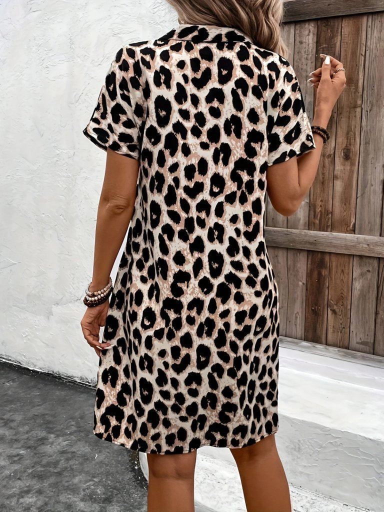Kadın Kısa Kollu Yakalı Leopar Desenli Süprem Elbise , 26233