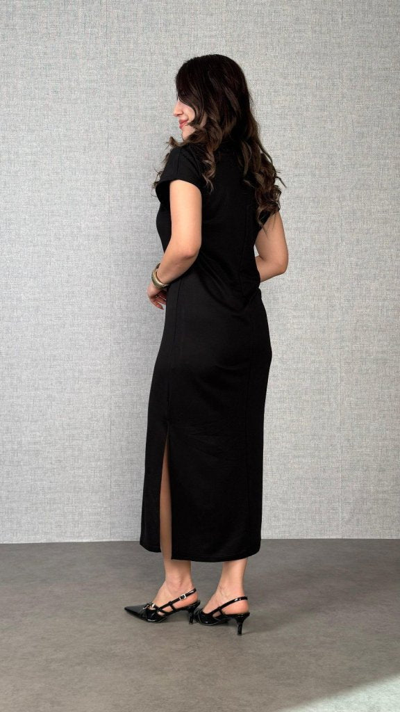 Women's Short Sleeve Collared Side Slit Viscose Two-Thread Dress, 26289