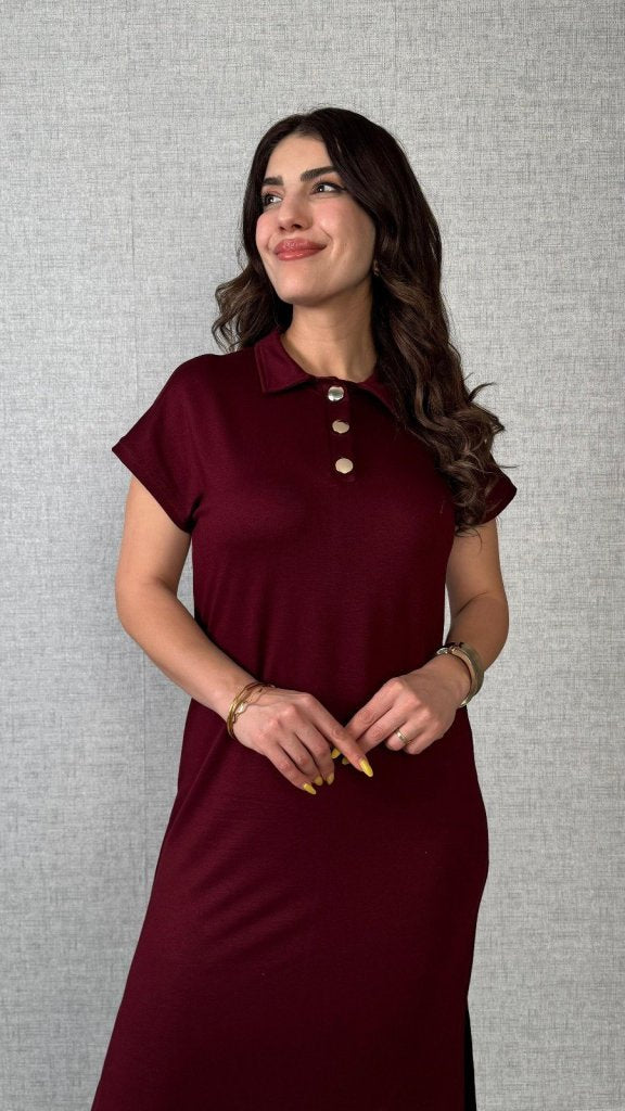 Women's Short Sleeve Collared Side Slit Viscose Double Knit Dress, 26291