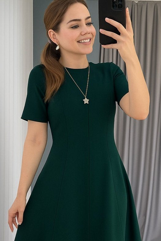 Kadın Kısa Kollu Bisiklet Yaka Maksi Boy Ithal Krep Elbise , 31244