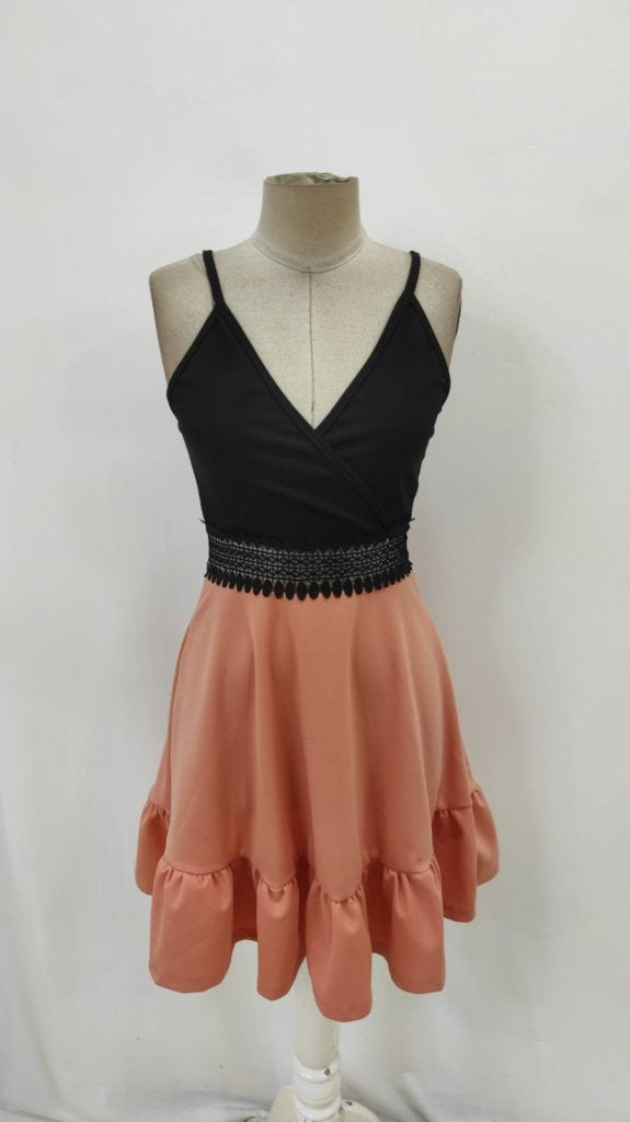 Women's Strappy Wrap Neck Waist Lace Imported Crepe Dress, 26362
