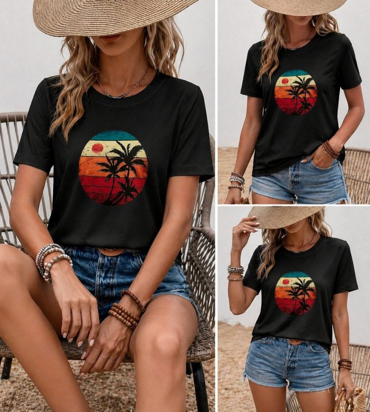 Kadın Kısa Kollu Palmiye Baskılı Viskon Bluz, 37405