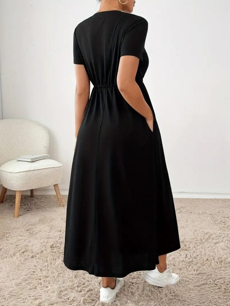 Women's Short-Sleeved Crew Neck Maxi Length Viscose Dress with Tie Waist, 26679