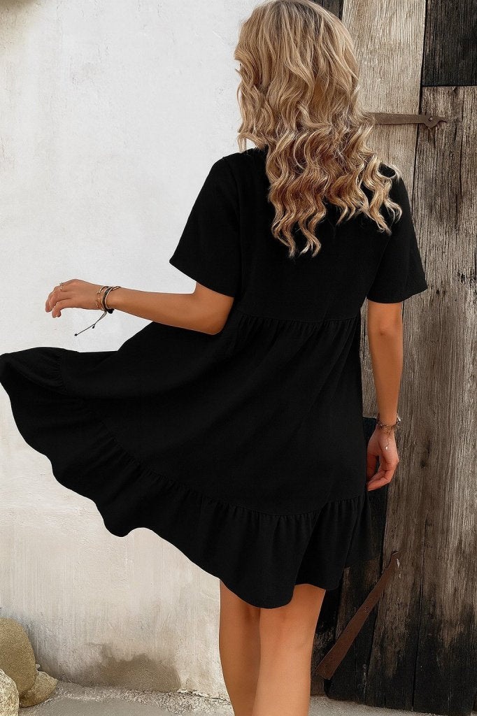 Women's Short Sleeve Collared Lace-up Button-Front Ruffle Patterned Supreme Dress, 26746