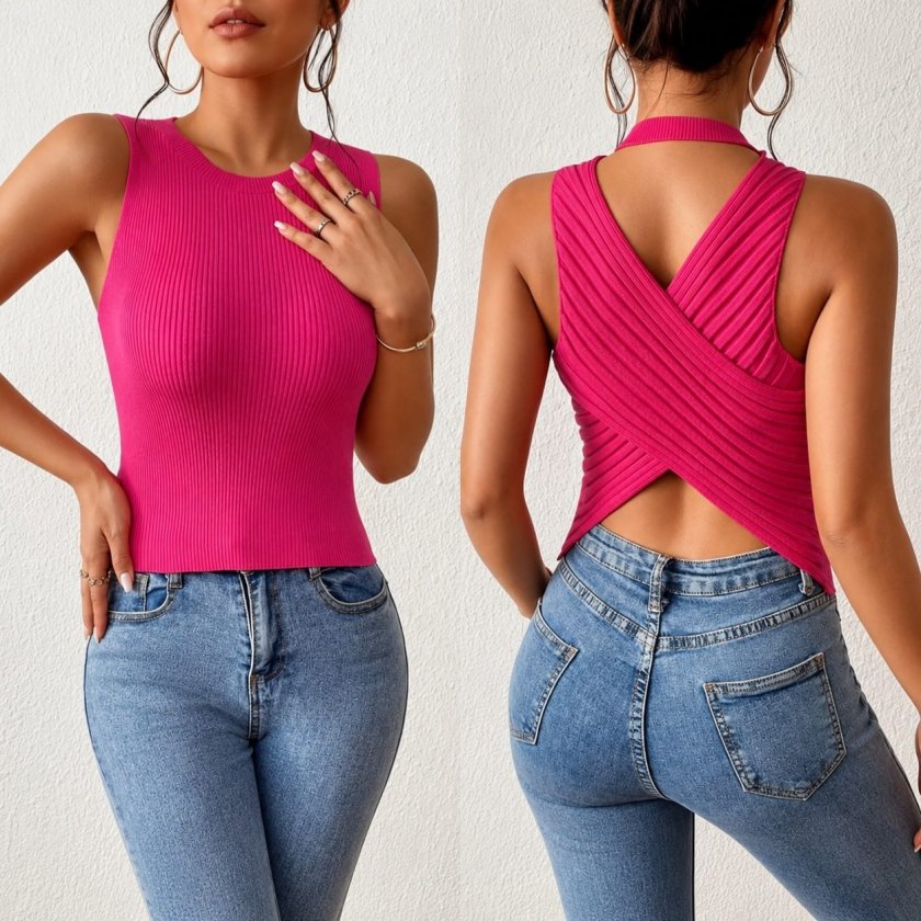 Kadın Sıfır Kol Sırt çapraz Detay Triko Bluz, 37968