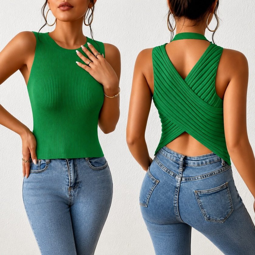 Kadın Sıfır Kol Sırt çapraz Detay Triko Bluz, 37969
