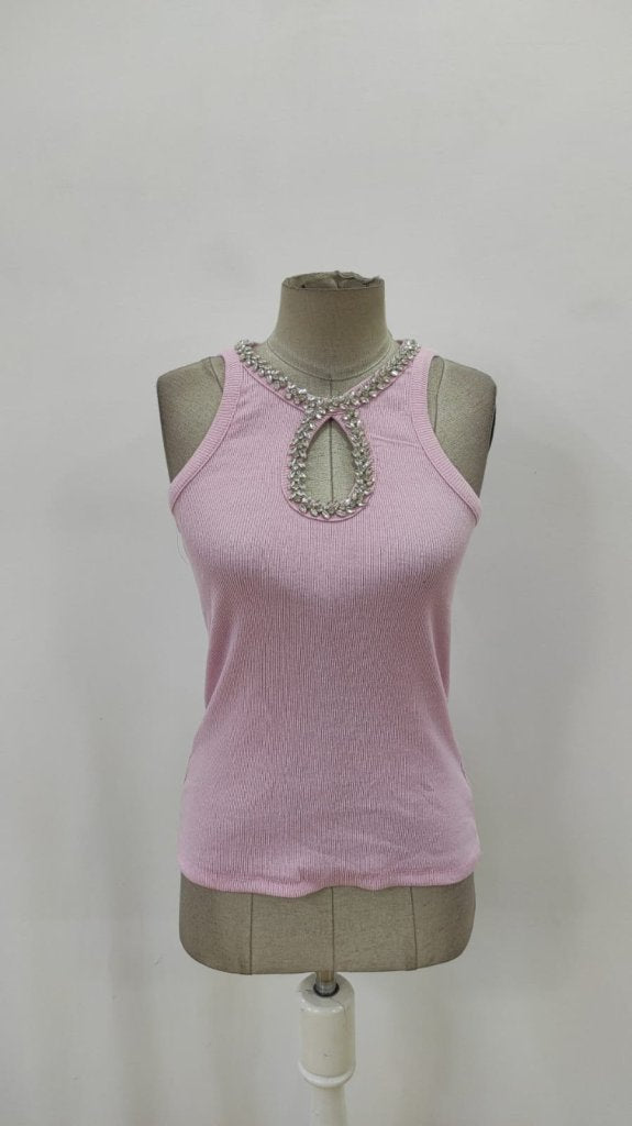 Kadın Halter Kollu Yuvarlak Taşlı Yaka Damla Detaylı Kaşkorse Bluz , 26958