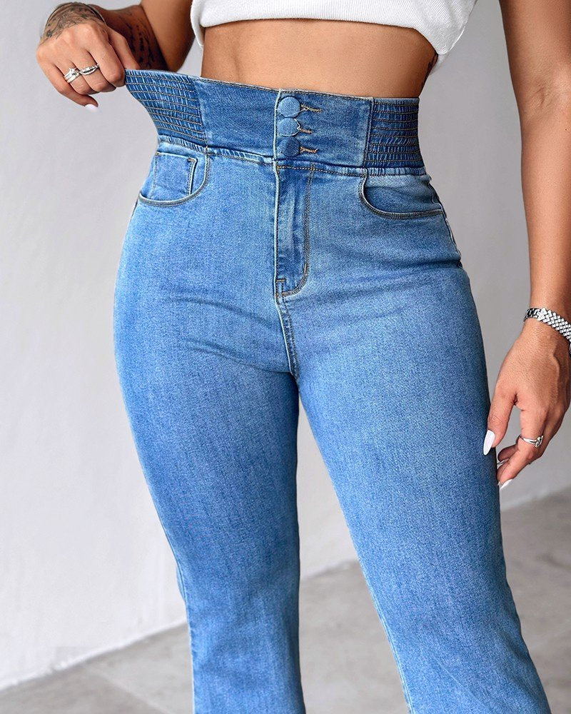 Kadın Yüksek Bel Yanları Lastik önü Düğmeli Kot Pantolon , 32826