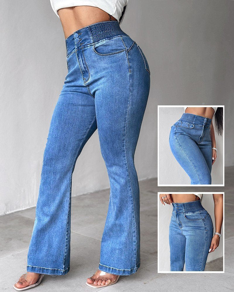 Kadın Yüksek Bel Yanları Lastik önü Düğmeli Kot Pantolon , 32826