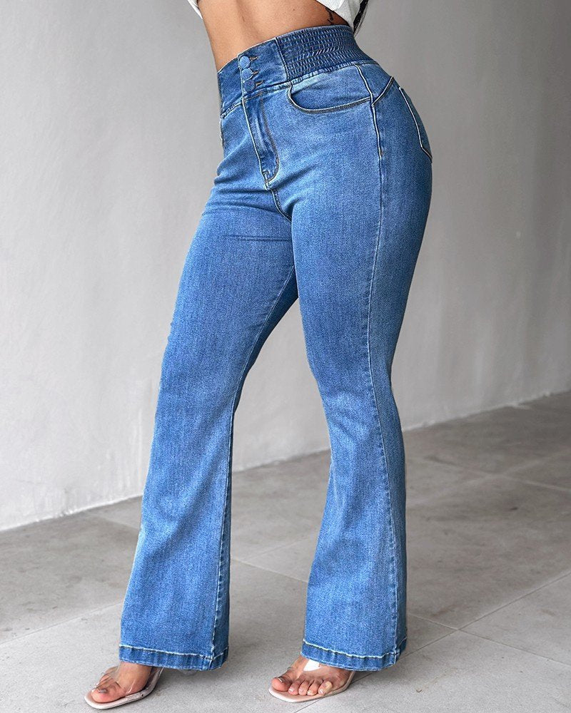 Kadın Yüksek Bel Yanları Lastik önü Düğmeli Kot Pantolon , 32826