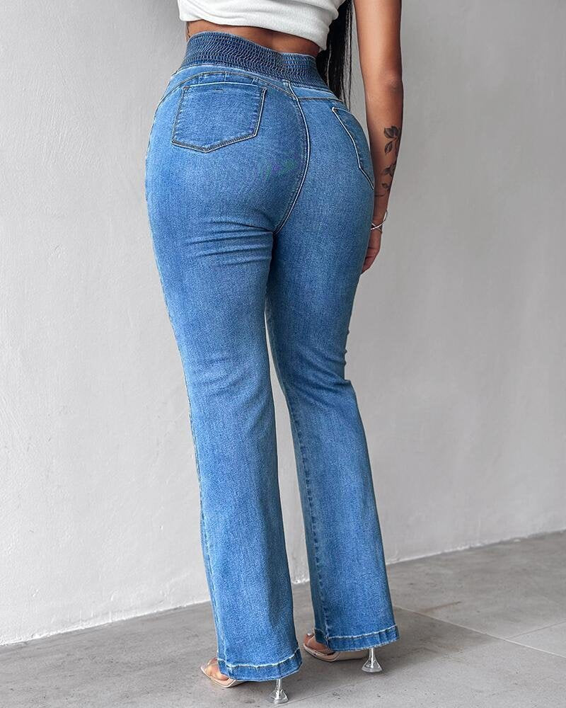 Kadın Yüksek Bel Yanları Lastik önü Düğmeli Kot Pantolon , 32826