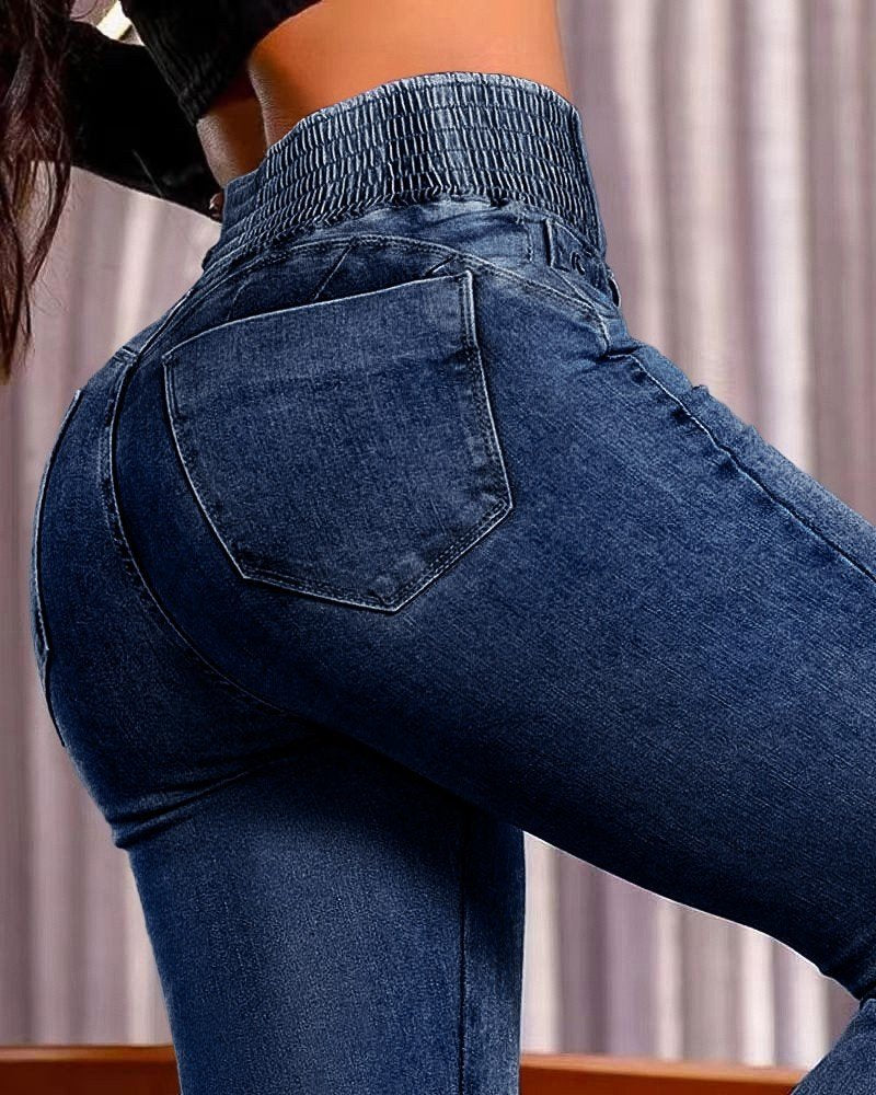 Kadın Yüksek Bel Yanları Lastik önü Düğmeli Kot Pantolon, 38944