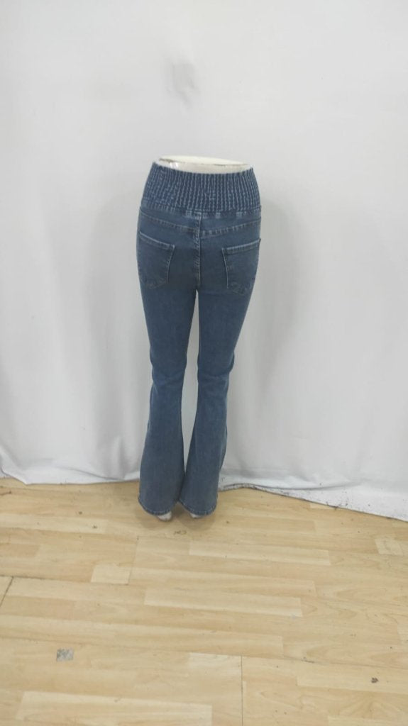 Kadın Yüksek Bel Yanları Lastik önü Düğmeli Kot Pantolon, 38944