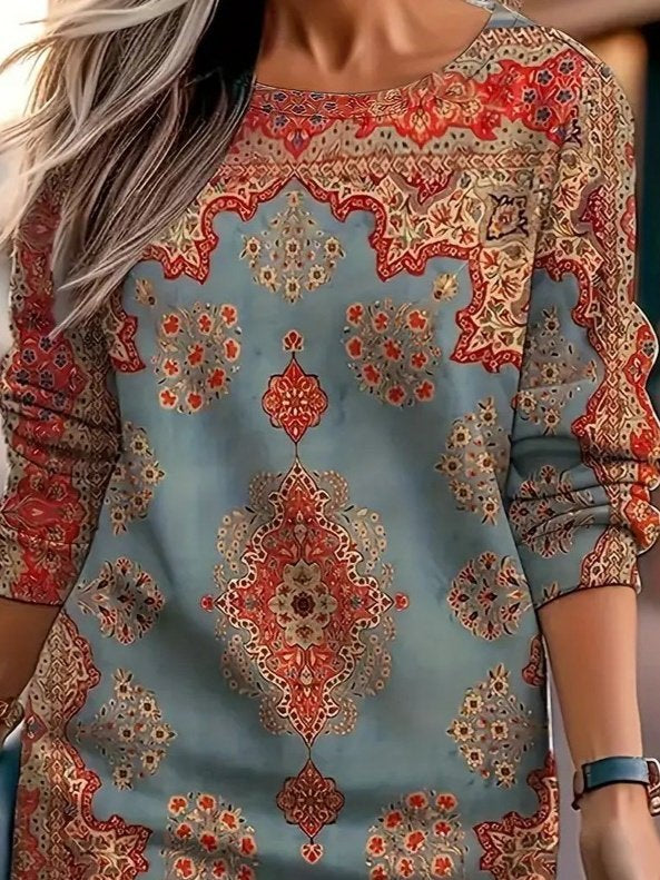 Kadın Uzun Kollu Yuvarlak Yaka Desenli Mini Modal Elbise, 27106