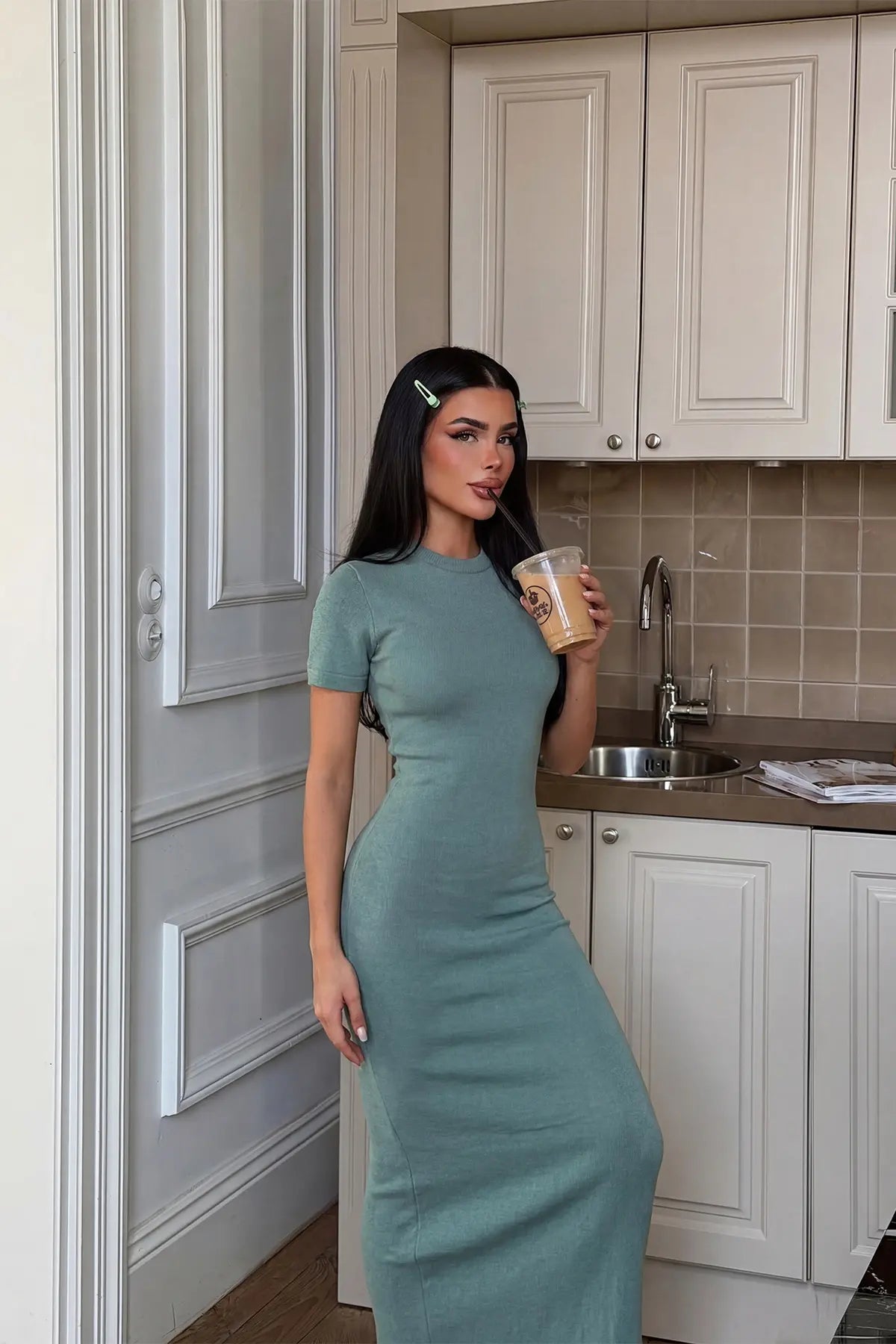 Çağla Yeşili Triko Uzun Elbise