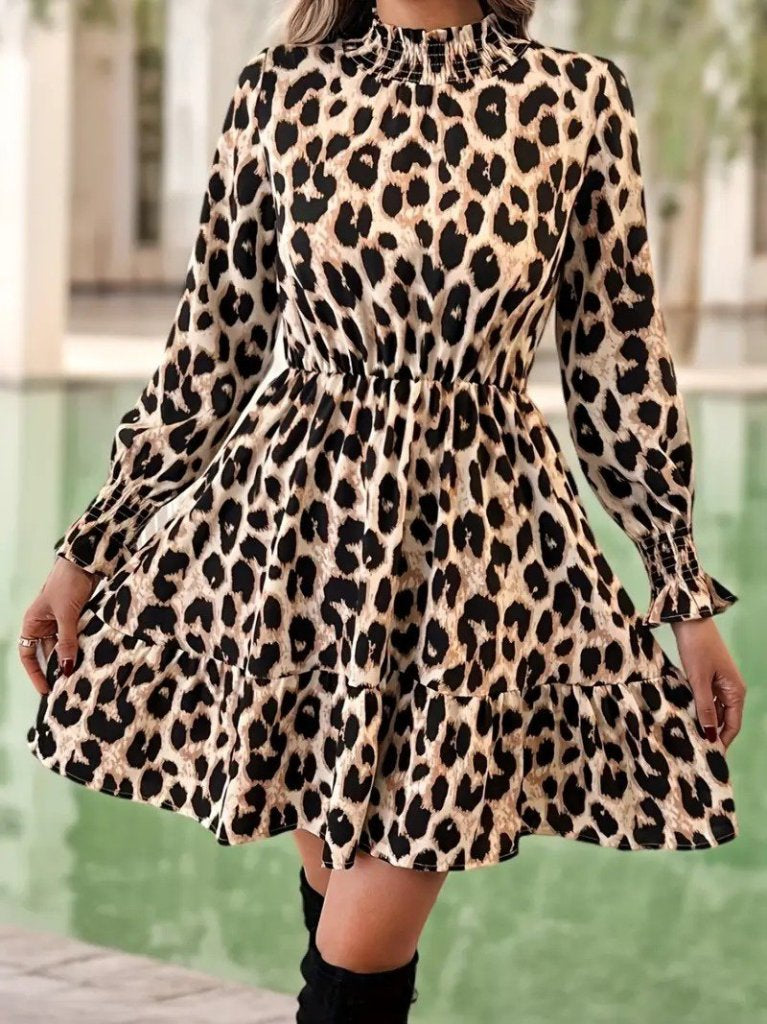 Kadın Uzun Kollu Yarı Balıkçı Yaka Leopar Desenli Modal Mini Elbise , 29394