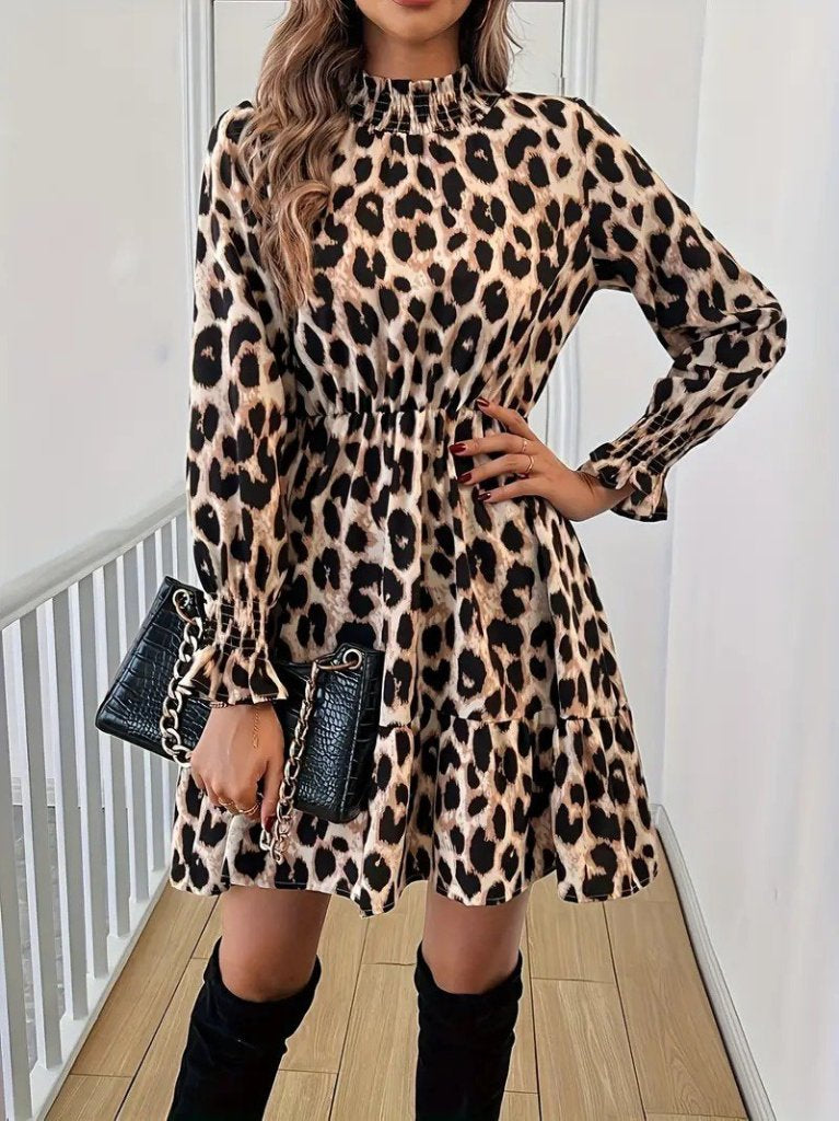 Kadın Uzun Kollu Yarı Balıkçı Yaka Leopar Desenli Modal Mini Elbise , 29394
